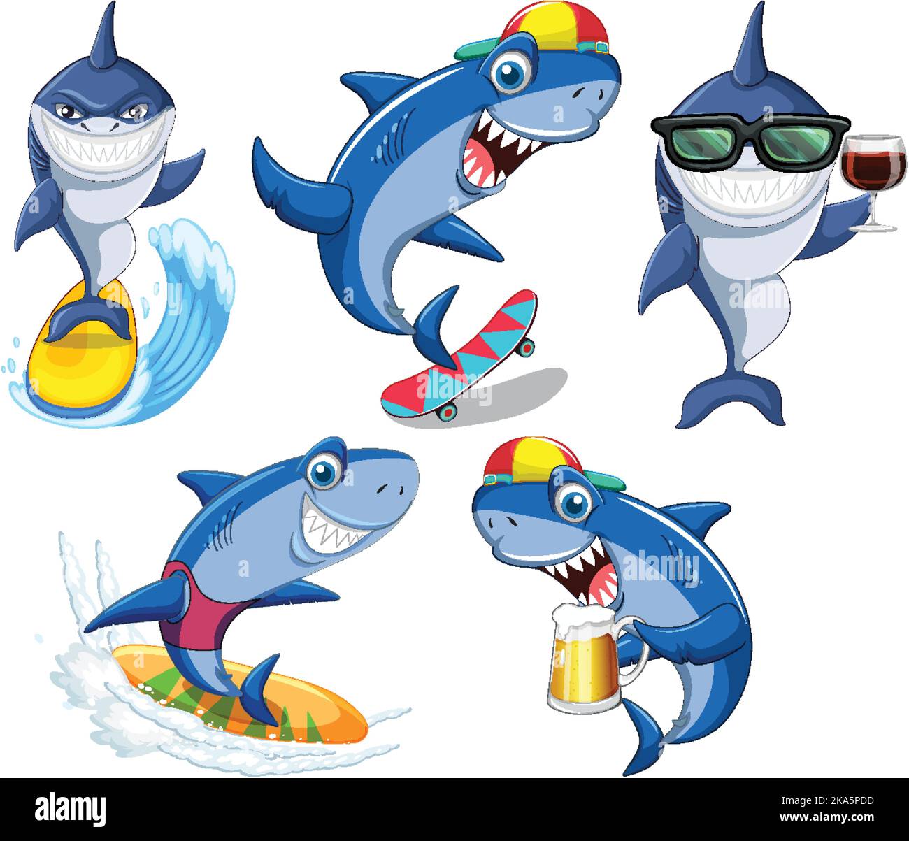 Set von Sommer-Hai Cartoon Figur Illustration Stock Vektor