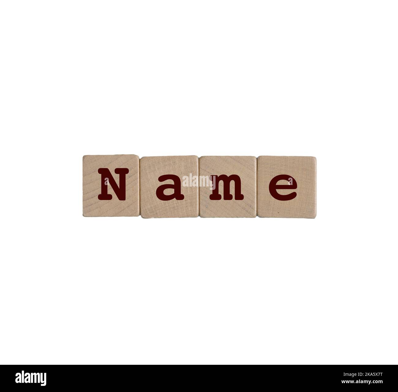 Das Wort Name entstand mit Holzdübel auf einem transparenten Hintergrund Stockfoto
