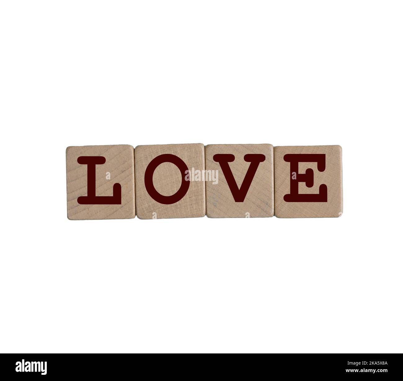 Das Wort Liebe entstand mit Holzdübel auf transparentem Hintergrund Stockfoto