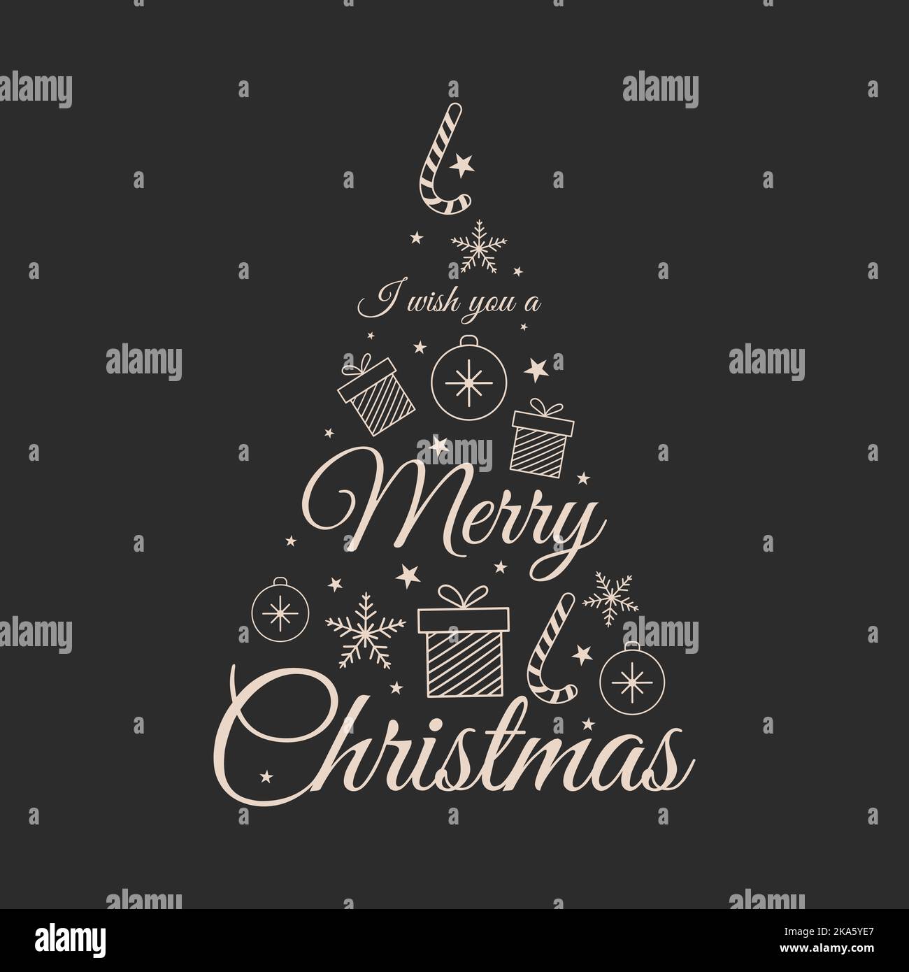 Text ich wünsche Ihnen ein fröhliches Weihnachten und Weihnachten Symbole Geschenke Weihnachtskugeln Süßigkeiten Sterne und Schneeflocken in Form eines Weihnachtsbaums Stock Vektor