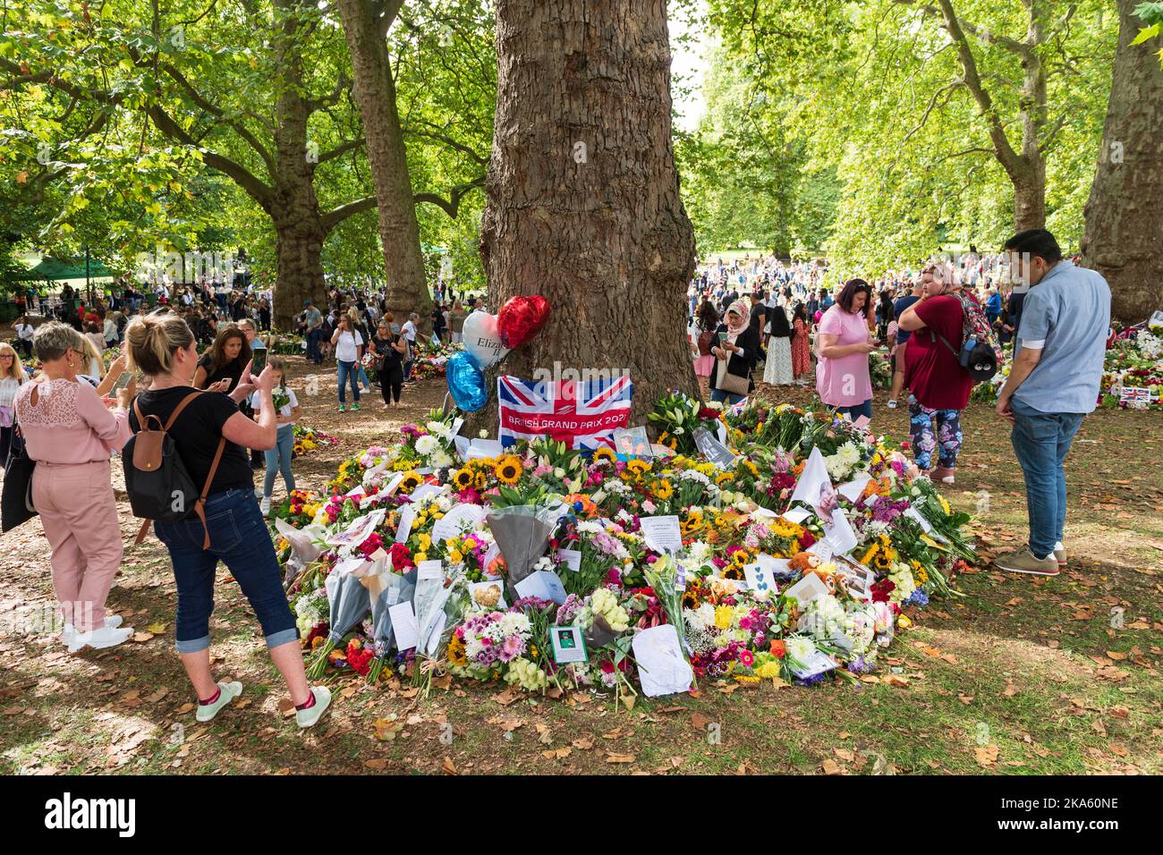Menschen, die die Blumen-Tribute im Green Park betrachten, die von Trauernden zum Anlass des Todes von Königin Elizabeth II. Hinterlassen wurden. Green Park, London, Großbritannien. 11. September 2022 Stockfoto