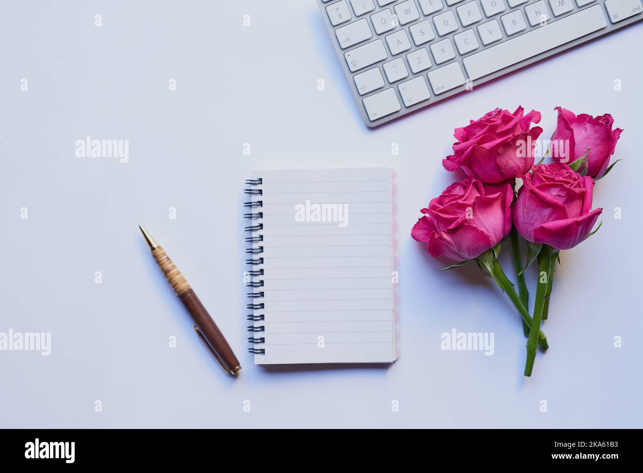 Ich muss einen Dankesbrief für die Blumen schreiben. Studioaufnahme eines Tagebuchs und eines Stifts, der mit anderen Stillleben-Objekten vor einem grauen Hintergrund platziert wurde. Stockfoto