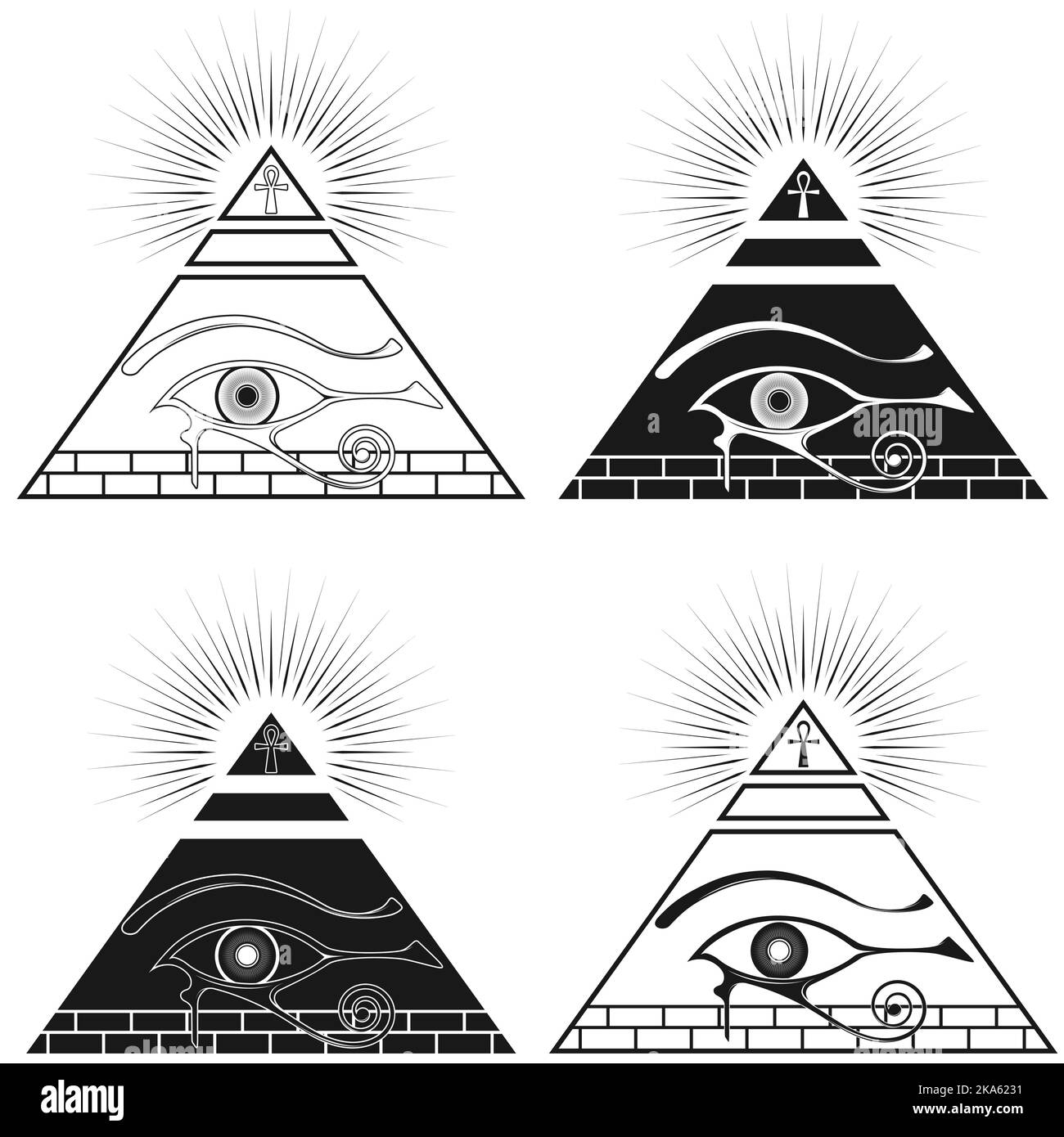Pyramiden-Vektor-Design aus dem alten Ägypten, mit dem Auge des horus und geglühtem Kreuz, altägyptische Symbole Stock Vektor