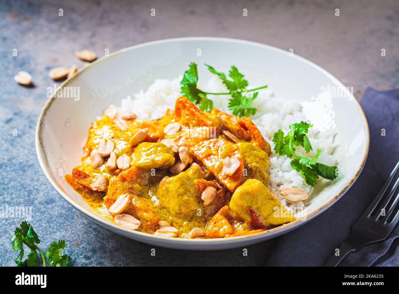 Thailändisches Hühnchen- und Erdnusscray mit Reis in grauer Schüssel, dunkler Hintergrund. Konzept der asiatischen Küche. Stockfoto