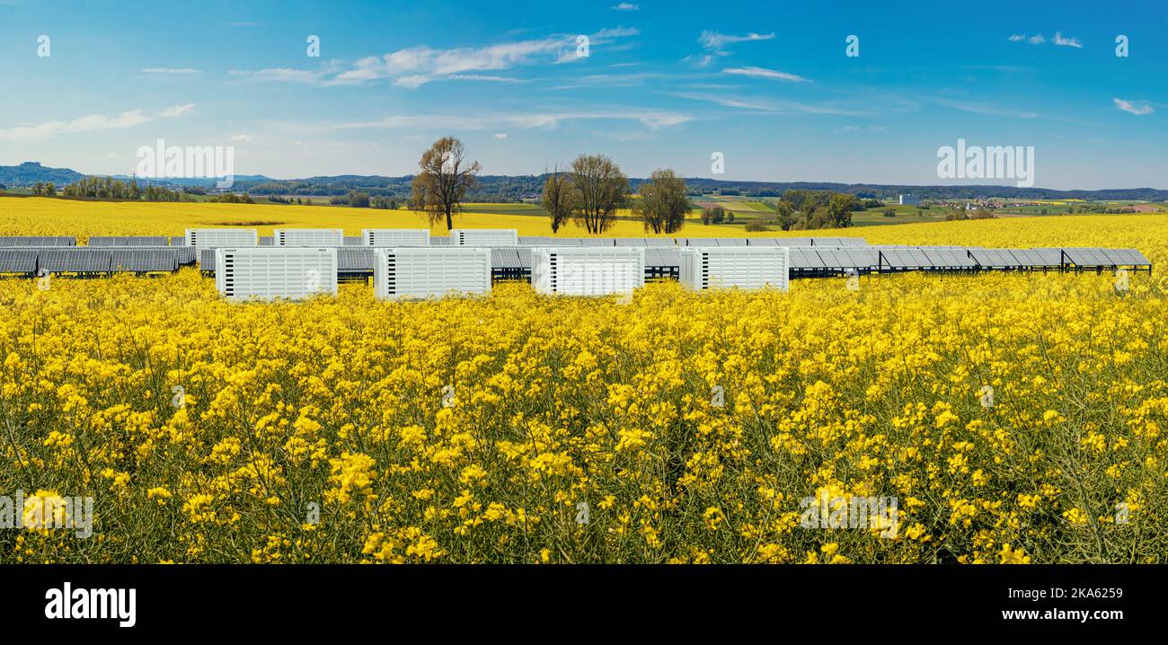 Ein modernes Solarfeld mit Batteriespeicher in der Natur Stockfoto