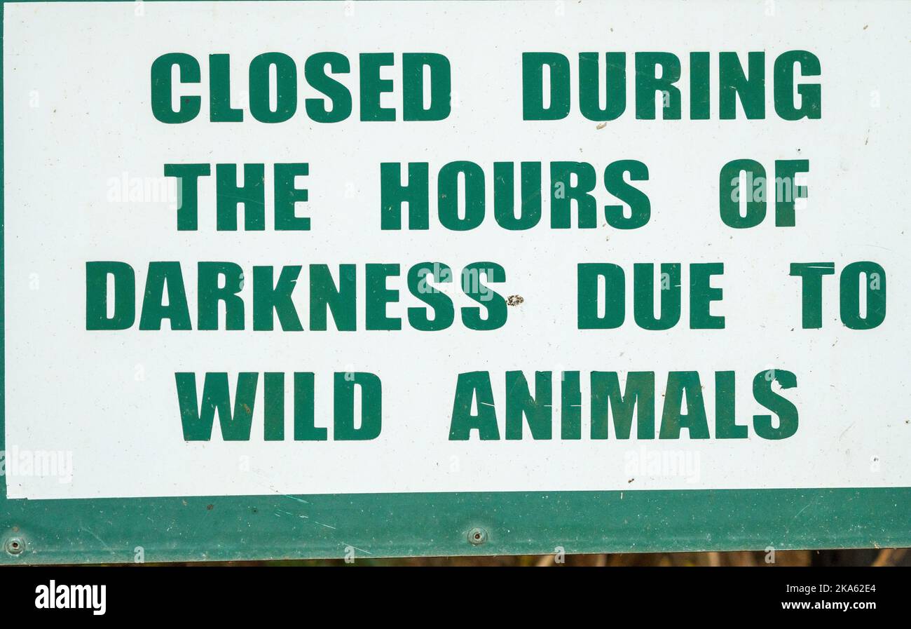 schild oder Beschilderung mit Text oder Wörtern geschlossen während der Stunden der Dunkelheit aufgrund von wilden Tieren Konzept Afrika oder afrikanische Safari und Reisen Stockfoto