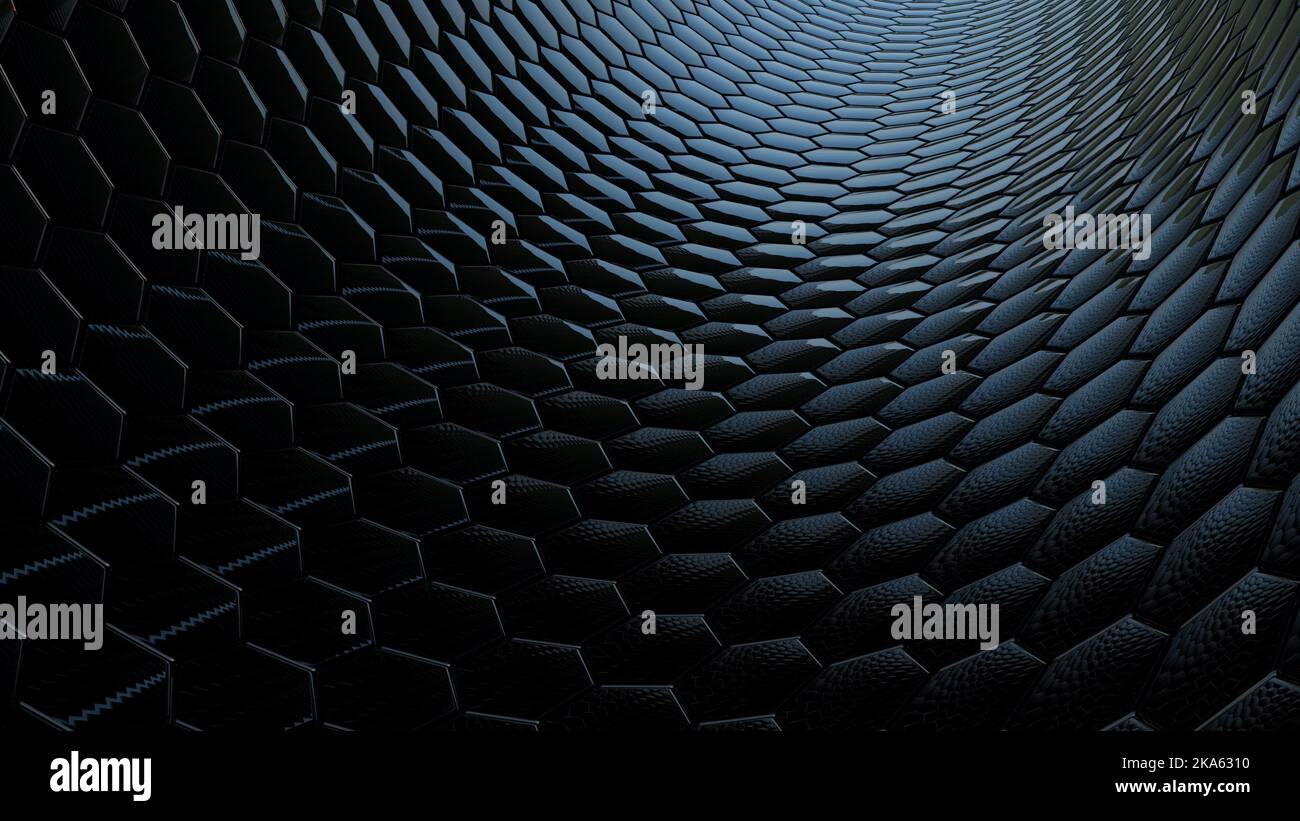 3D Render - geometrischer Hintergrund aus schwarzen glänzenden Sechsecken. Stockfoto