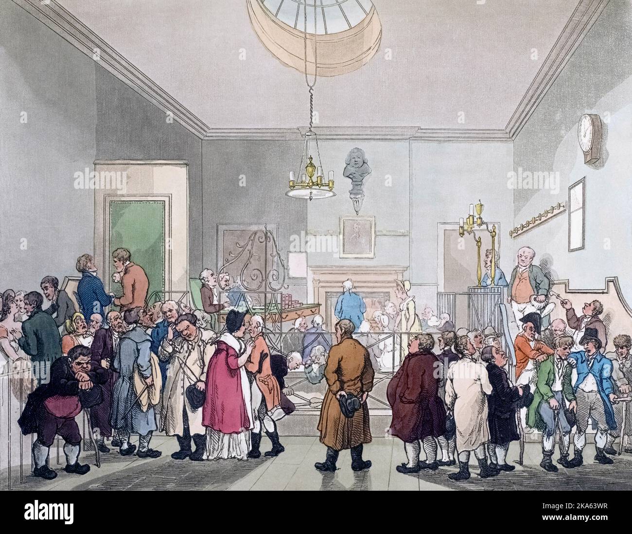 Bow Street Office. Amtsgericht Der Bow Street. Ca. 1808. Nach einem Werk von August Pugin und Thomas Rowlandson im Londoner Mikrokosmos, erschienen in drei Bänden zwischen 1808 und 1810 bei Rudolph Ackermann. Pugin war der Künstler, der für die architektonischen Elemente in den Mikrokosmos-Bildern verantwortlich war; Thomas Rowlandson wurde beauftragt, die lebendigen menschlichen Figuren hinzuzufügen. Stockfoto