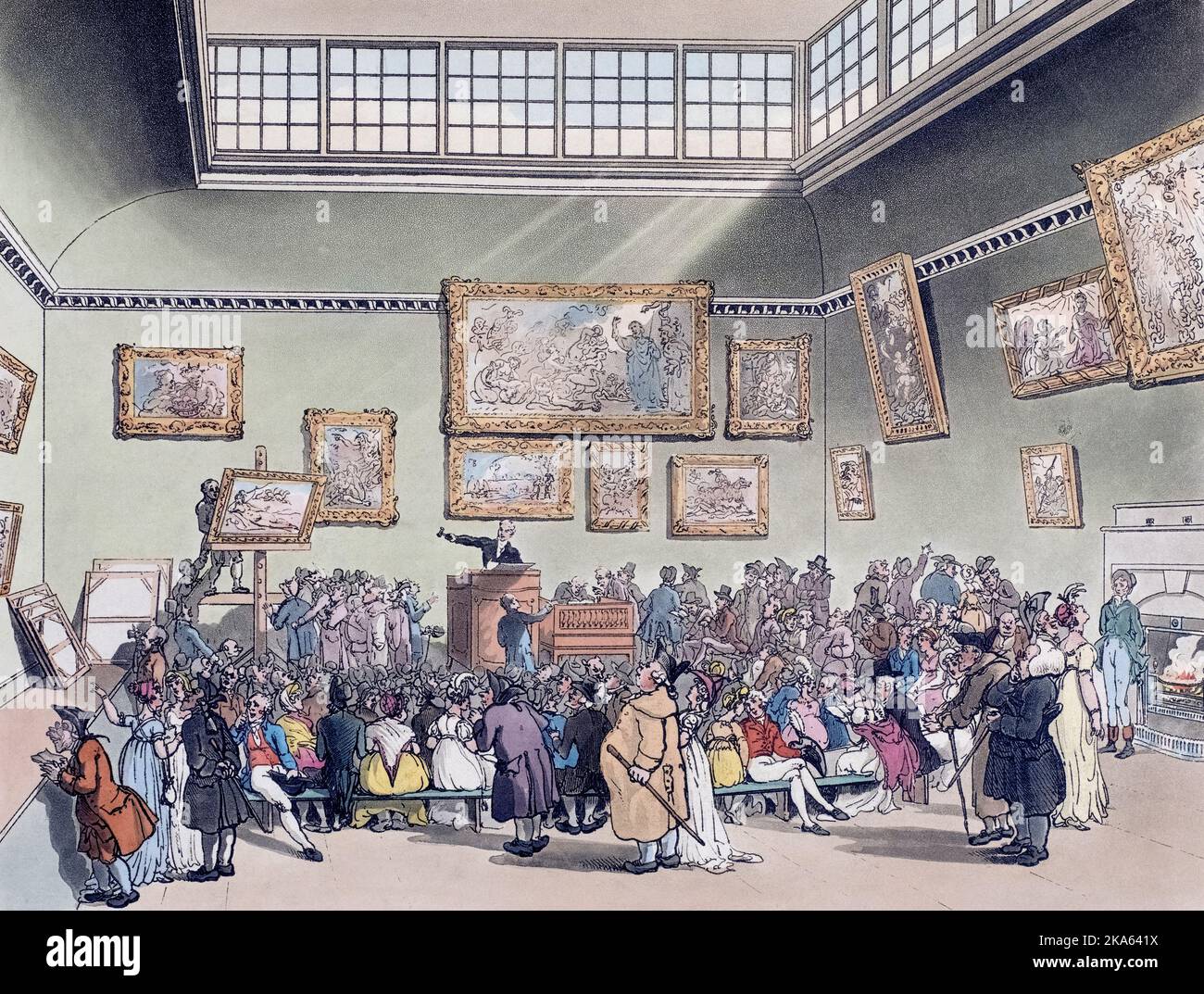 Christie's Auction Room. Ca. 1808. Nach einem Werk von August Pugin und Thomas Rowlandson im Londoner Mikrokosmos, erschienen in drei Bänden zwischen 1808 und 1810 bei Rudolph Ackermann. Pugin war der Künstler, der für die architektonischen Elemente in den Mikrokosmos-Bildern verantwortlich war; Thomas Rowlandson wurde beauftragt, die lebendigen menschlichen Figuren hinzuzufügen. Stockfoto