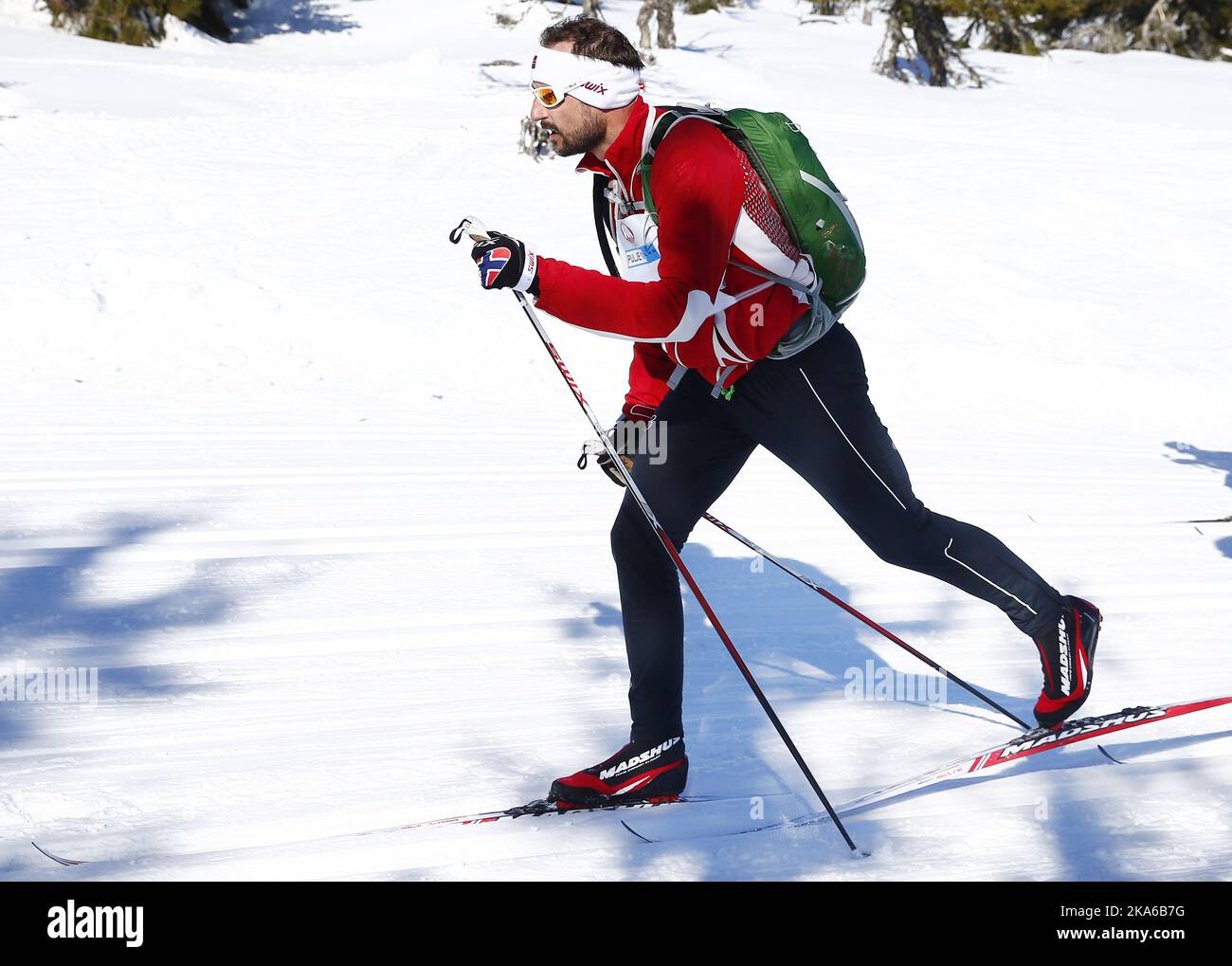 Sjusjoen, Norwegen 20150321. Kronprinz Haakon nahm zusammen mit 13000 anderen samstagmorgen an einem 54 km langen Langlaufwettbewerb „Birkebeinerrennet“ Teil. Hier passiert er den Midtfjellet. Foto: Heiko Junge / NTB scanpix Stockfoto
