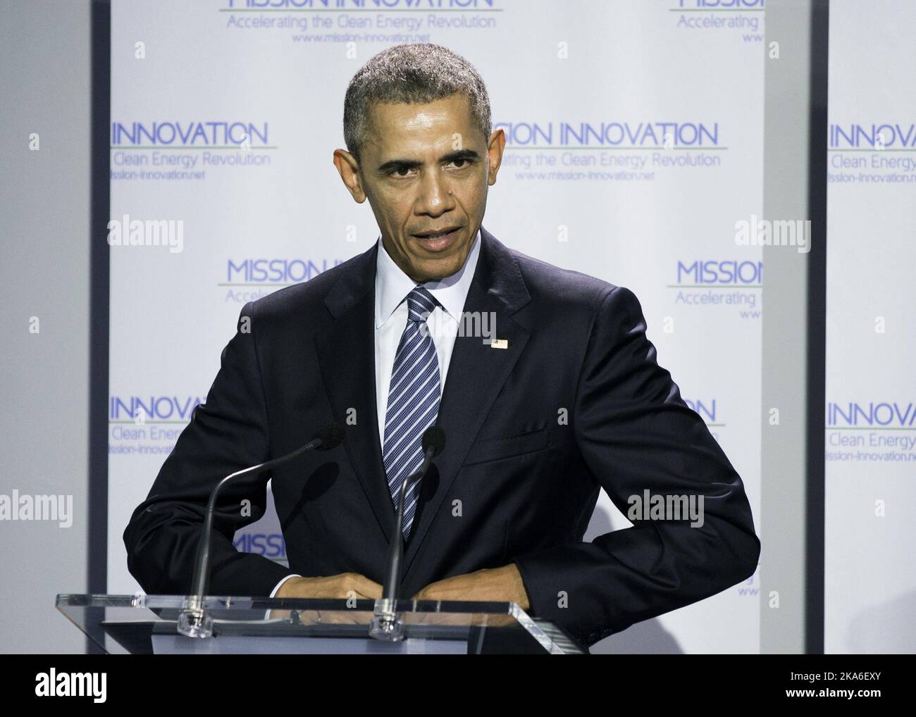 PARIS, FRANKREICH 20151130. US-Präsident Barak Obama auf dem Podium beim „Clean Energy Arrangement“ während der UN-Klimakonferenz in Paris 2015. Foto: Berit Roald / NTB scanpix Stockfoto