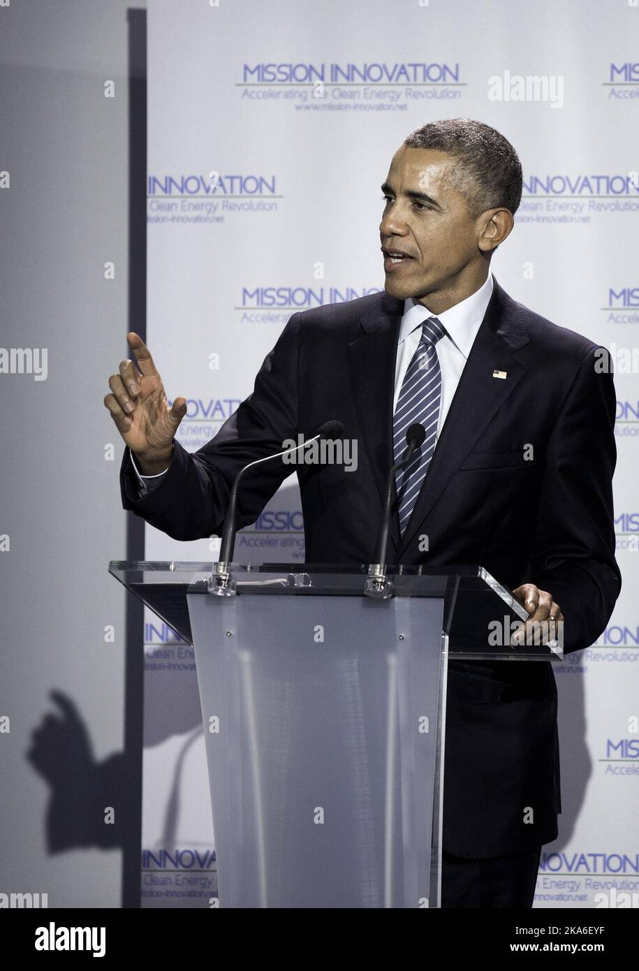 PARIS, FRANKREICH 20151130. US-Präsident Barak Obama auf dem Podium während der UN-Klimakonferenz in Paris 2015. Foto: Berit Roald / NTB scanpix Stockfoto