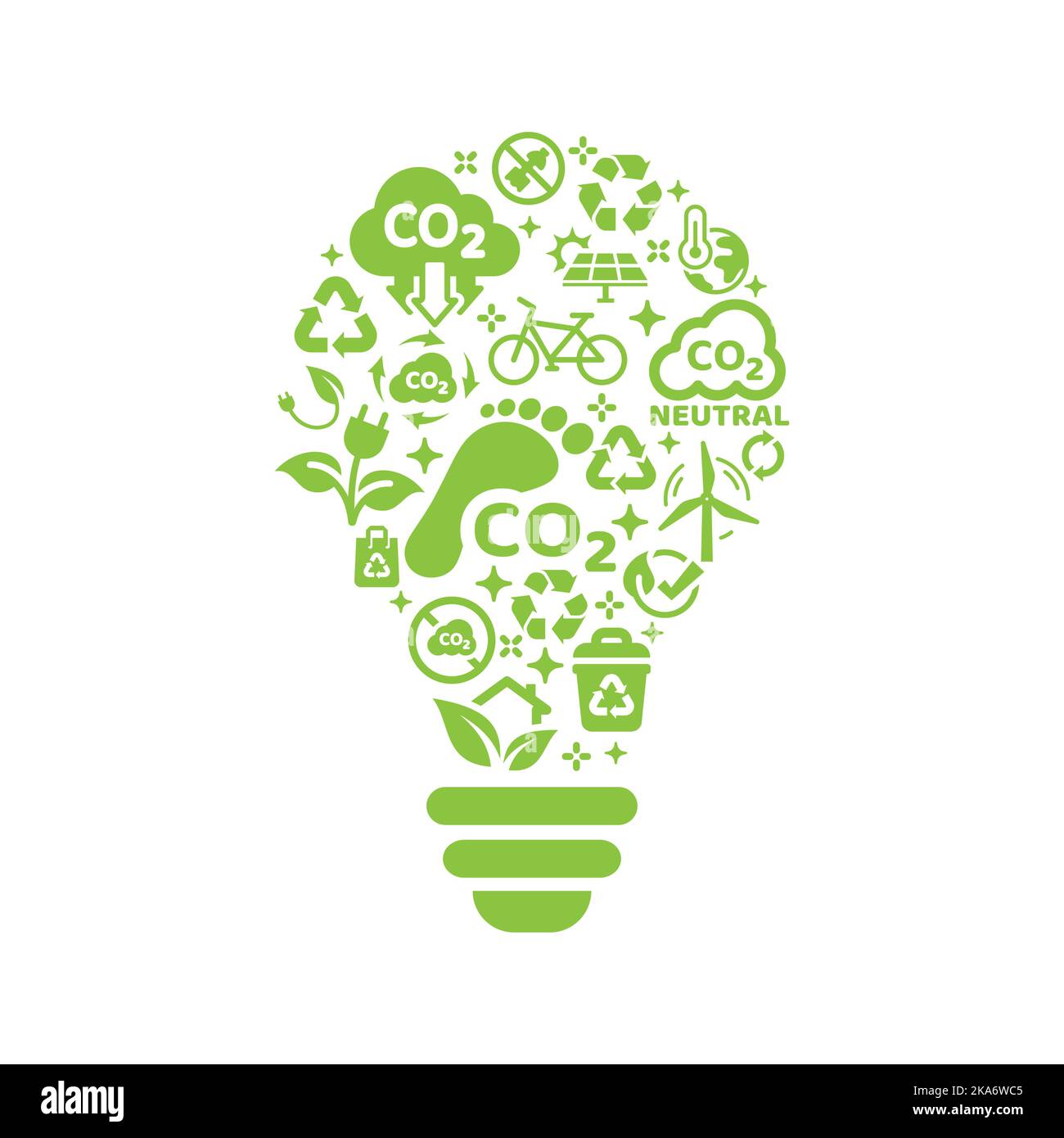 Vektorvorlage „emissionsfrei“, „CO2-Fußabdruck“. Ökologie, Umweltsymbole und Symbole in Glühbirnen. Stock Vektor