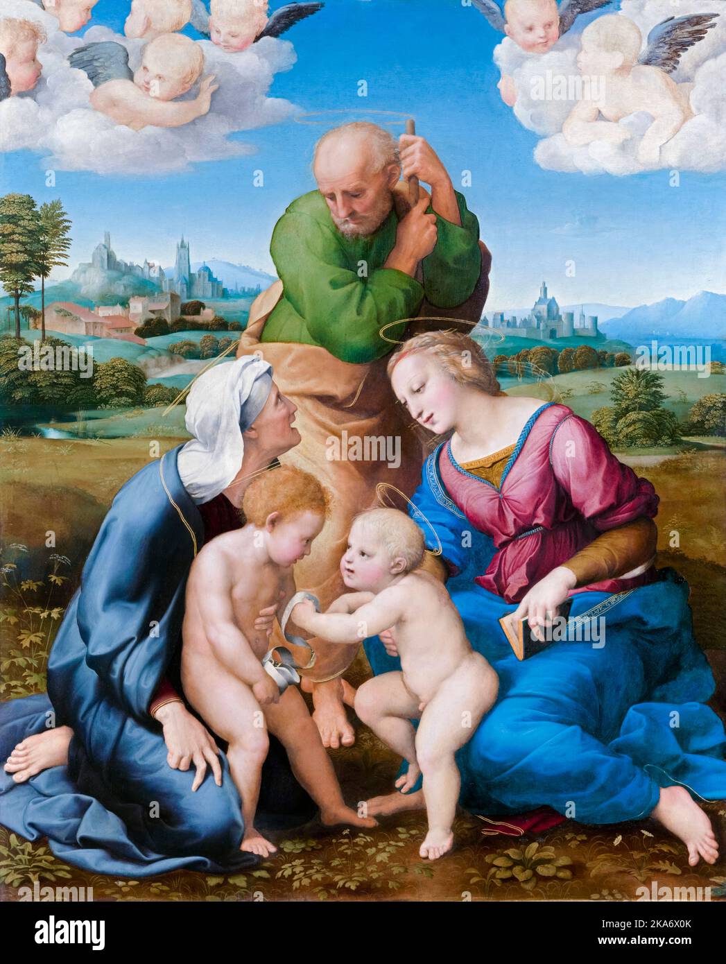 Die Heilige Familie der Canigiani, Ölgemälde auf Tafel von Raphael, 1505-1506 Stockfoto