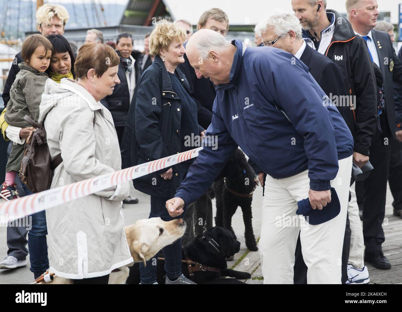 OSLO, Norwegen 20170603. König Harald segelt mit Löwen und Kinderschutzkindern und kommt nach Bygdoy, wo der Welpenstreu aus der Foerhundskole (Guide Dog School) aufgestellt wird. Hier begrüßt der König Unni Fauskrende und ihren Blindenhund. Der König nimmt an der Feier des 100.-jährigen Jubiläums von Lions Clubs International am Samstag Teil. Foto: Berit Roald / NTB scanpix Stockfoto