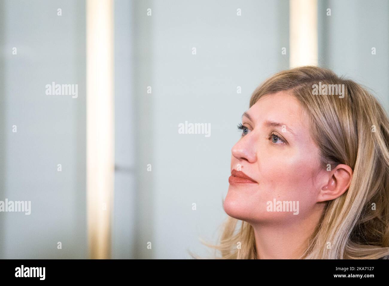 Oslo 20171209. Friedensnobelpreis 2017 Internationale Kampagne zur Abschaffung von Atomwaffen (ICAN). Pressekonferenz mit der Leiterin der Friedenspreisträgerin ICAN, Beatrice Fihn, am Samstagnachmittag im Nobelinstitut. Foto: Audun Braastad / NTB scanpi Stockfoto