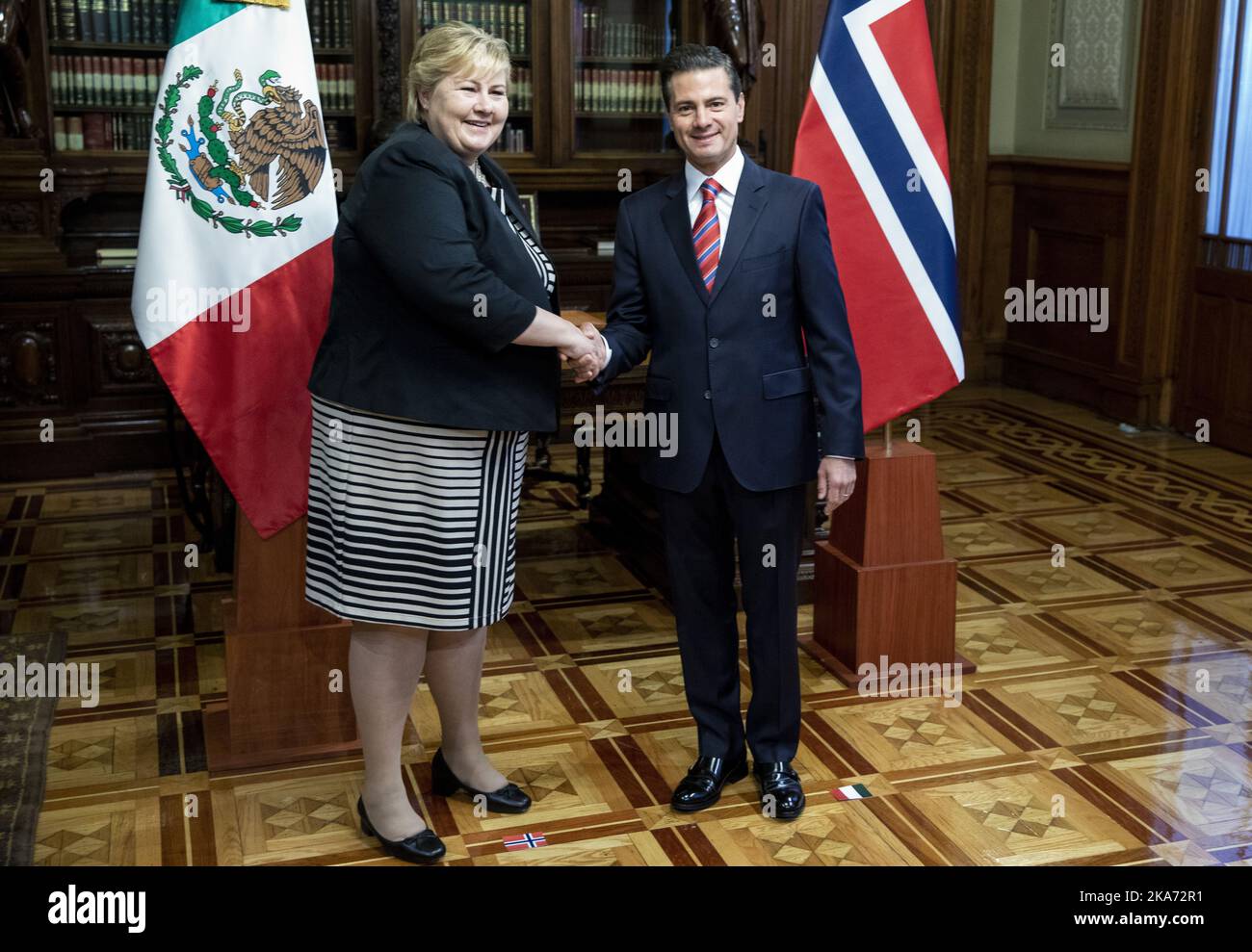 Mexiko, Mexiko 20180412. Die norwegische Ministerpräsidentin Erna Solberg besucht Mexiko-Stadt, um mit dem mexikanischen Präsidenten Enrique Peña Nieto zu einem Gespräch über das Thema Energie und zur Stärkung der bilateralen Beziehungen zwischen Norwegen und Mexiko zusammenzukommen. Foto: Tore Meek / NTB scanpi Stockfoto