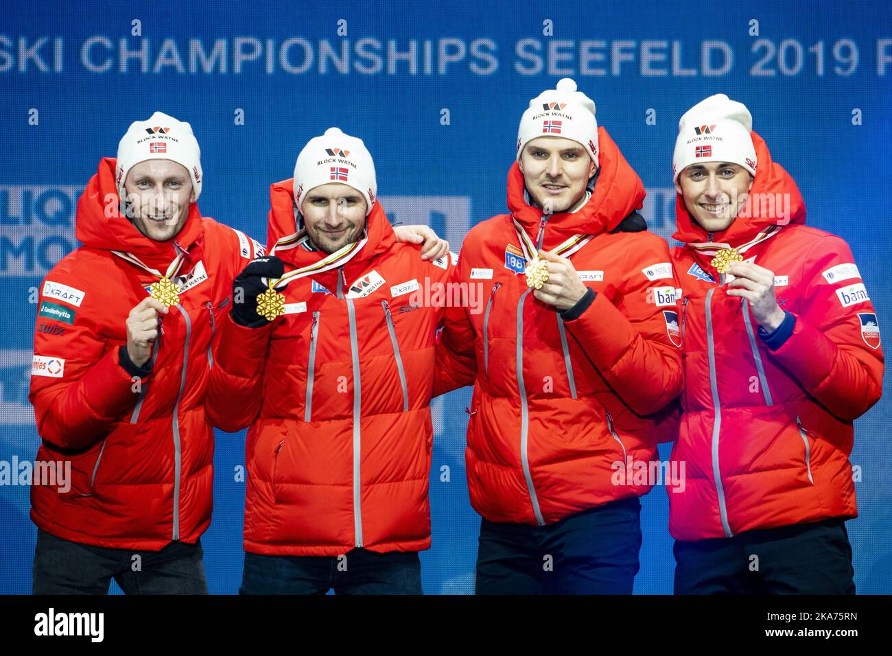 Seefeld, Österreich 20190302. Jan Schmid, Jarl Magnus Riber, Joergen Graabak und Espen Bjoernstad bei der Medaillenübergabe nach der kombinierten Staffel während der Weltmeisterschaft in Seefeld 2019. Das norwegische Team gewann vor Deutschland und Österreich. Foto: Tore Meek / NTB scanpi Stockfoto