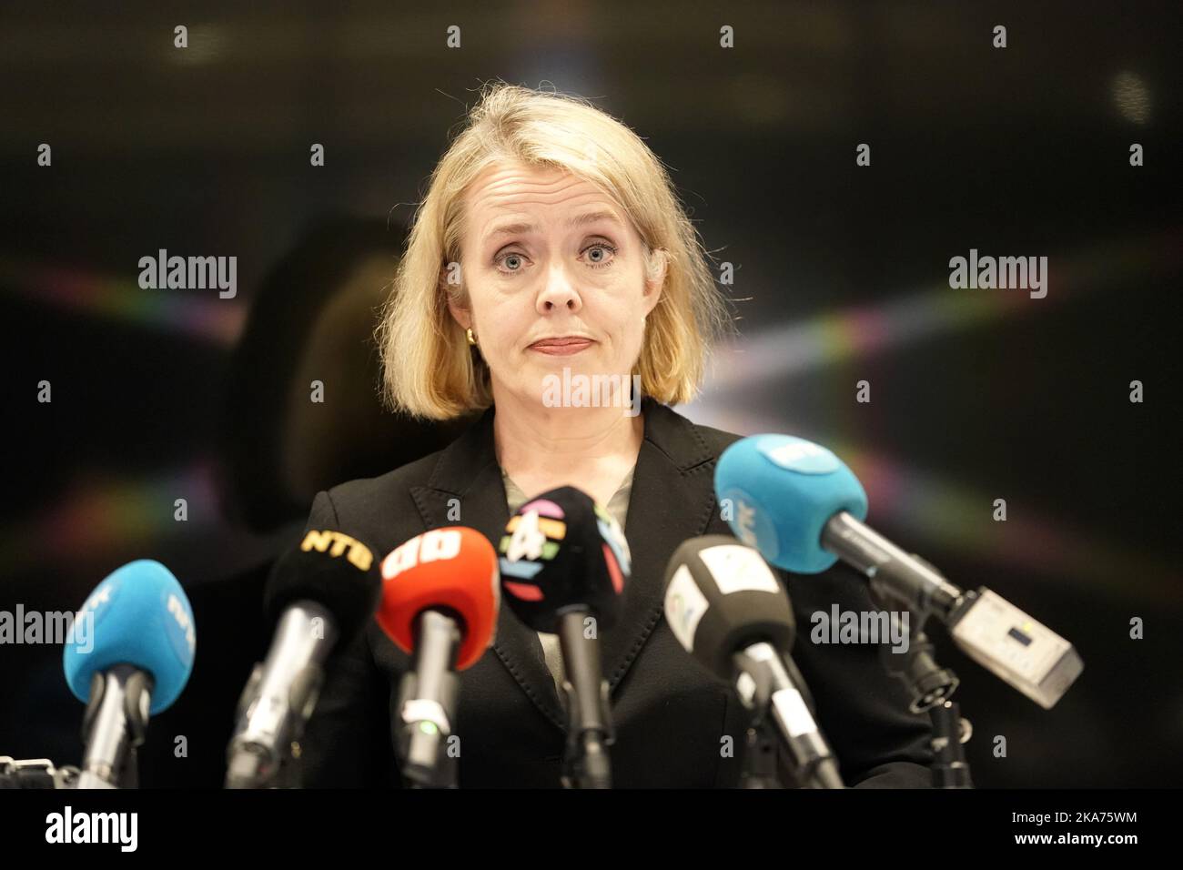 OSLO, Norwegen 20190314. Benedicte Bjoernland, Leiterin des norwegischen Polizeisicherheitsdienstes (PST), während einer Pressekonferenz im Zusammenhang mit der Verhaftung der Frau von Minister Og Justice Tor Mikkel Wara, Laila Anita Bertheussen, weil sie das Auto des Paares angezündet hatte, um den Verdacht auf ein Verbrechen zu wecken. Foto: Cornelius Poppe / NTB scanpi Stockfoto
