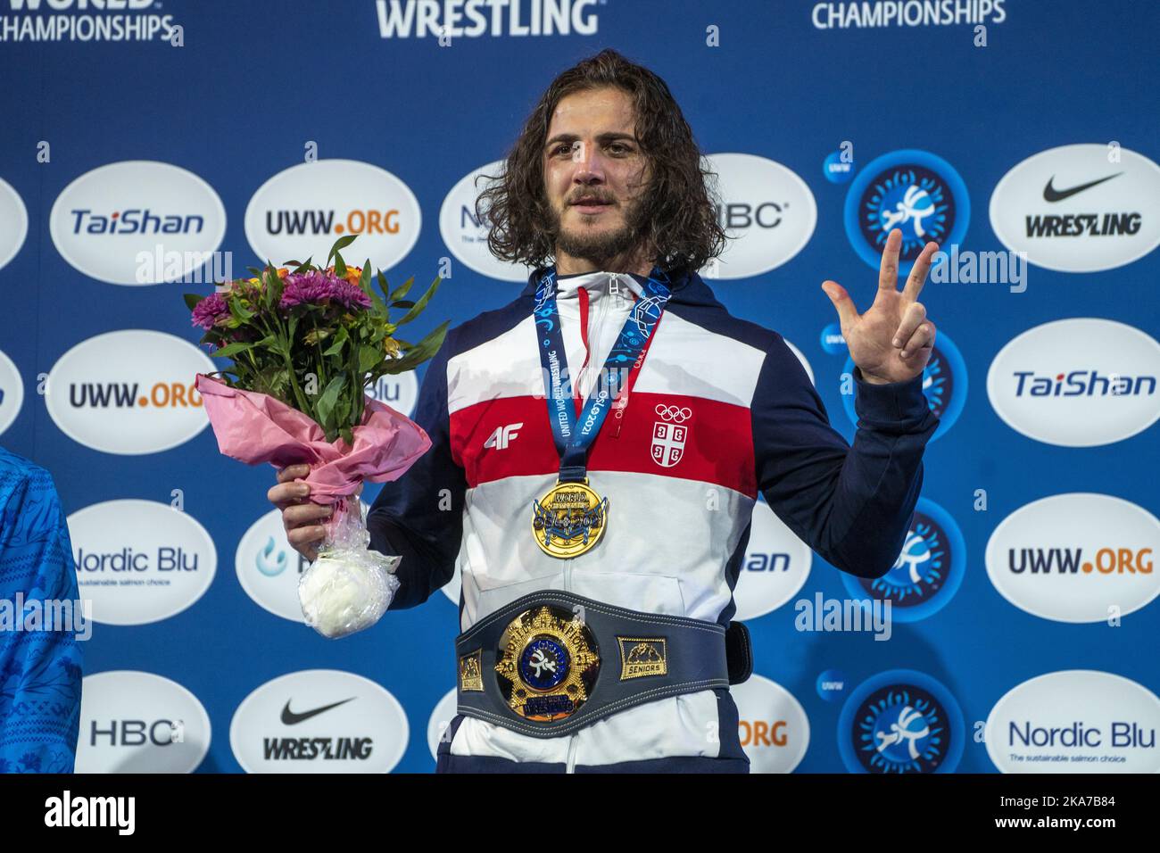 Oslo 20211010. Surabi Datunashvili aus Serbien mit der Goldmedaille in der Klasse 87 kg während der letzten Weltmeisterschaft im Ringen 2021 in Jordal Amfi. Foto: Terje Pedersen / NTB Stockfoto