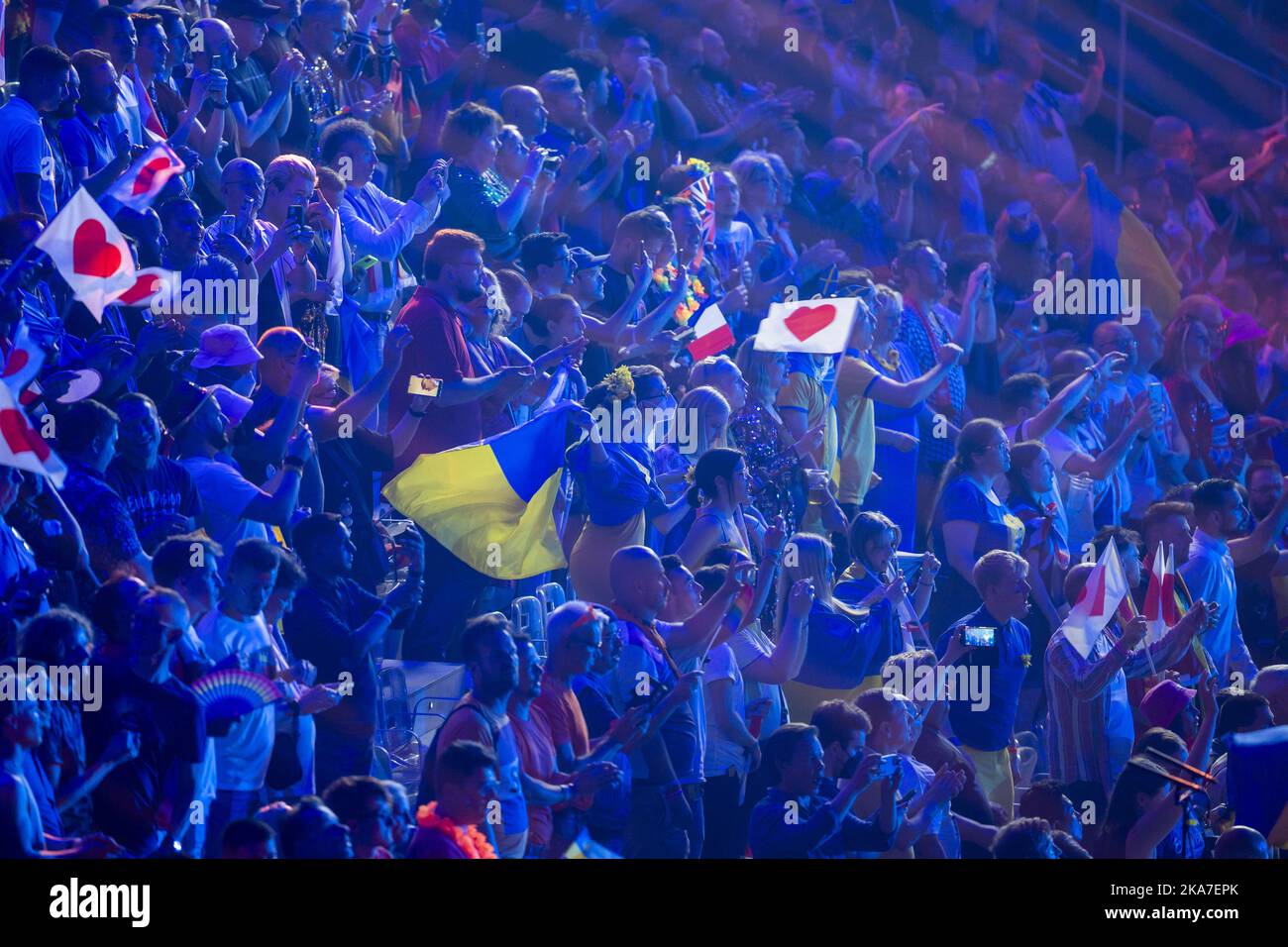 Turin, Italien 20220515. Die Ukraine und das Kalush Orchestra haben am Samstagabend das Finale des Eurovision Song Contest im Pala Olimpico in Turin gewonnen. Foto: Heiko Junge / NTB Stockfoto