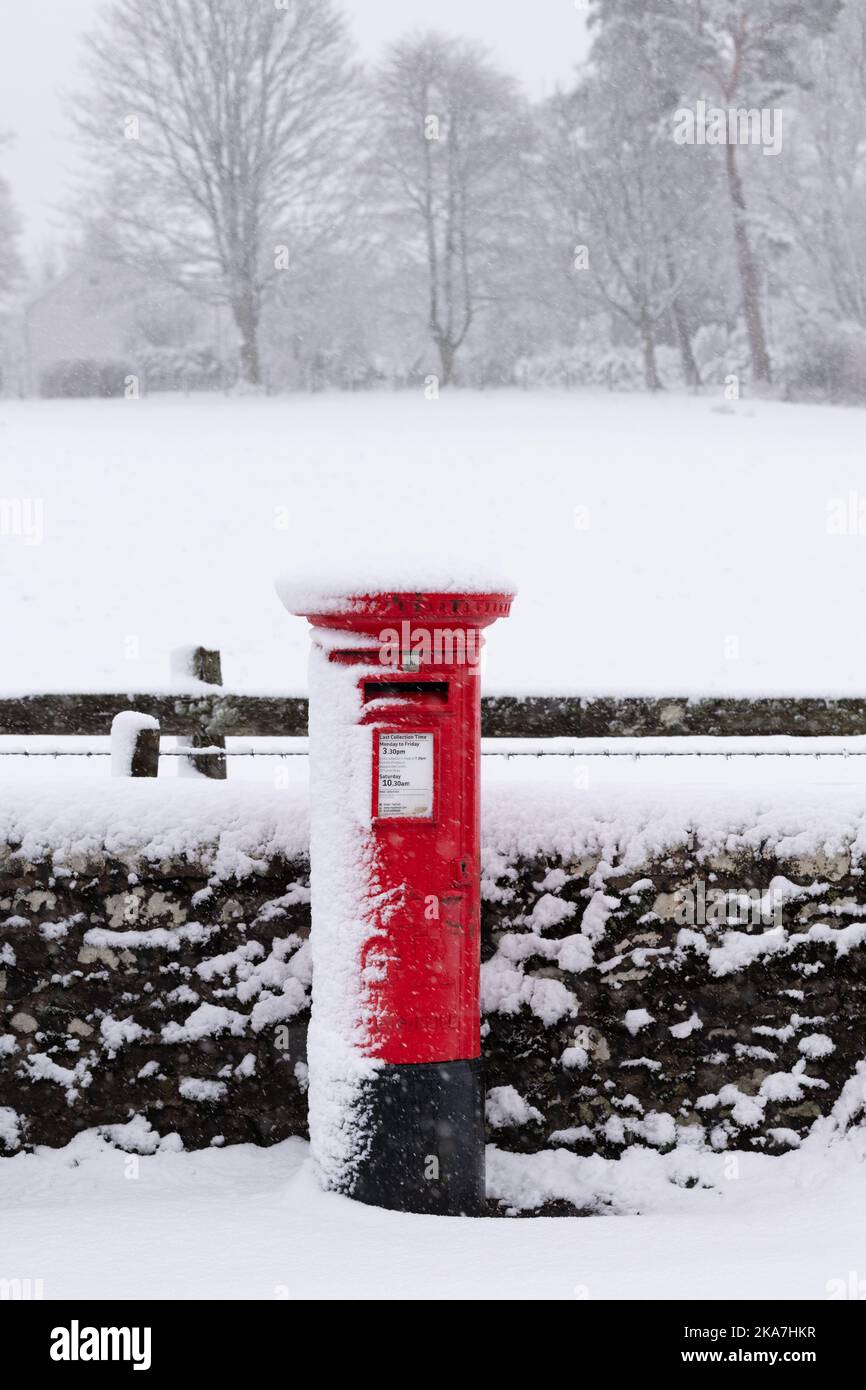Roter britischer Postkasten mit Schnee bedeckt – Schottland, Großbritannien Stockfoto