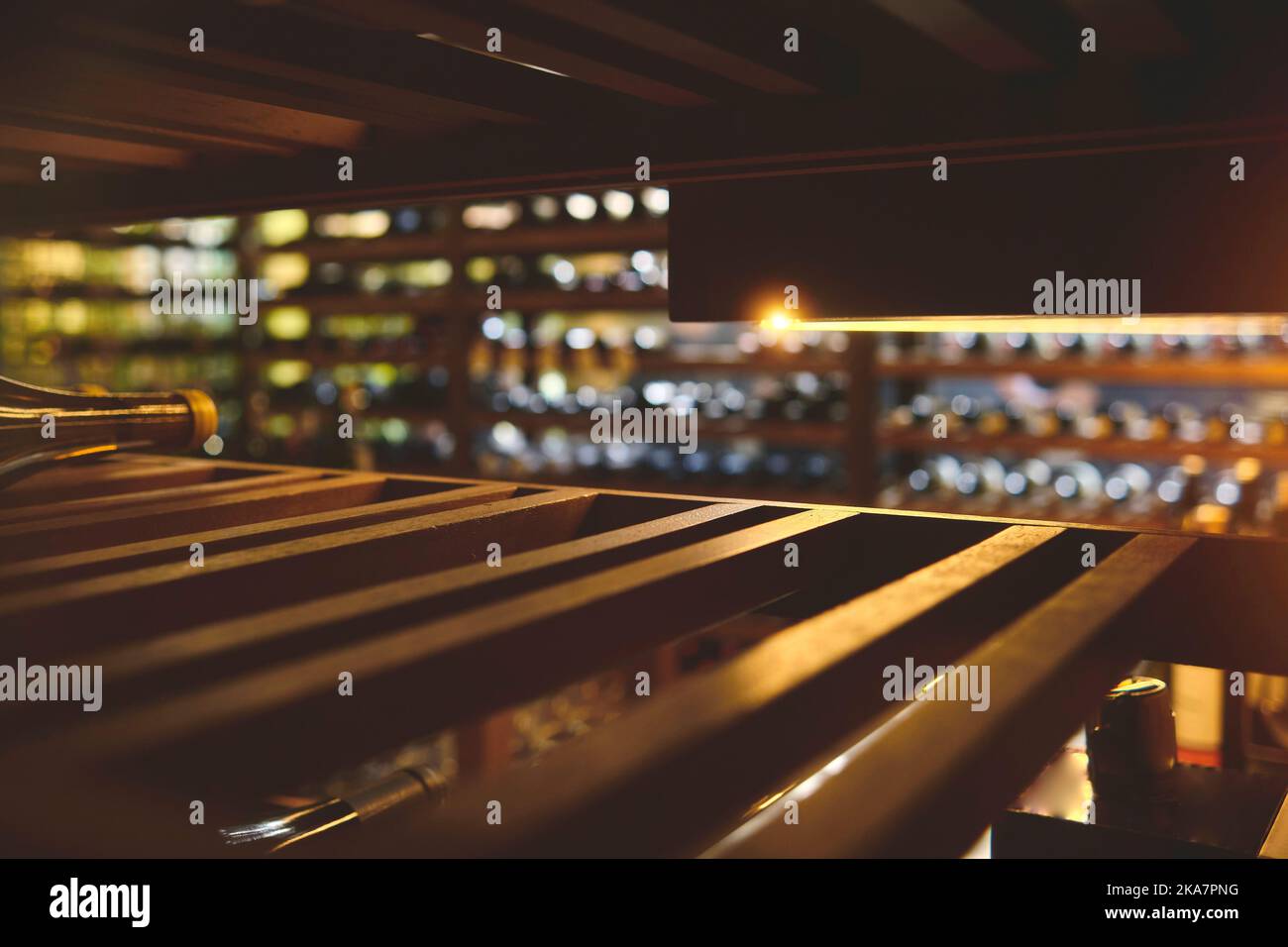 Weinflaschen im Kühlschrank aufbewahren. Kühlen und Konservieren von Wein. Selektiver Fokus. Stockfoto