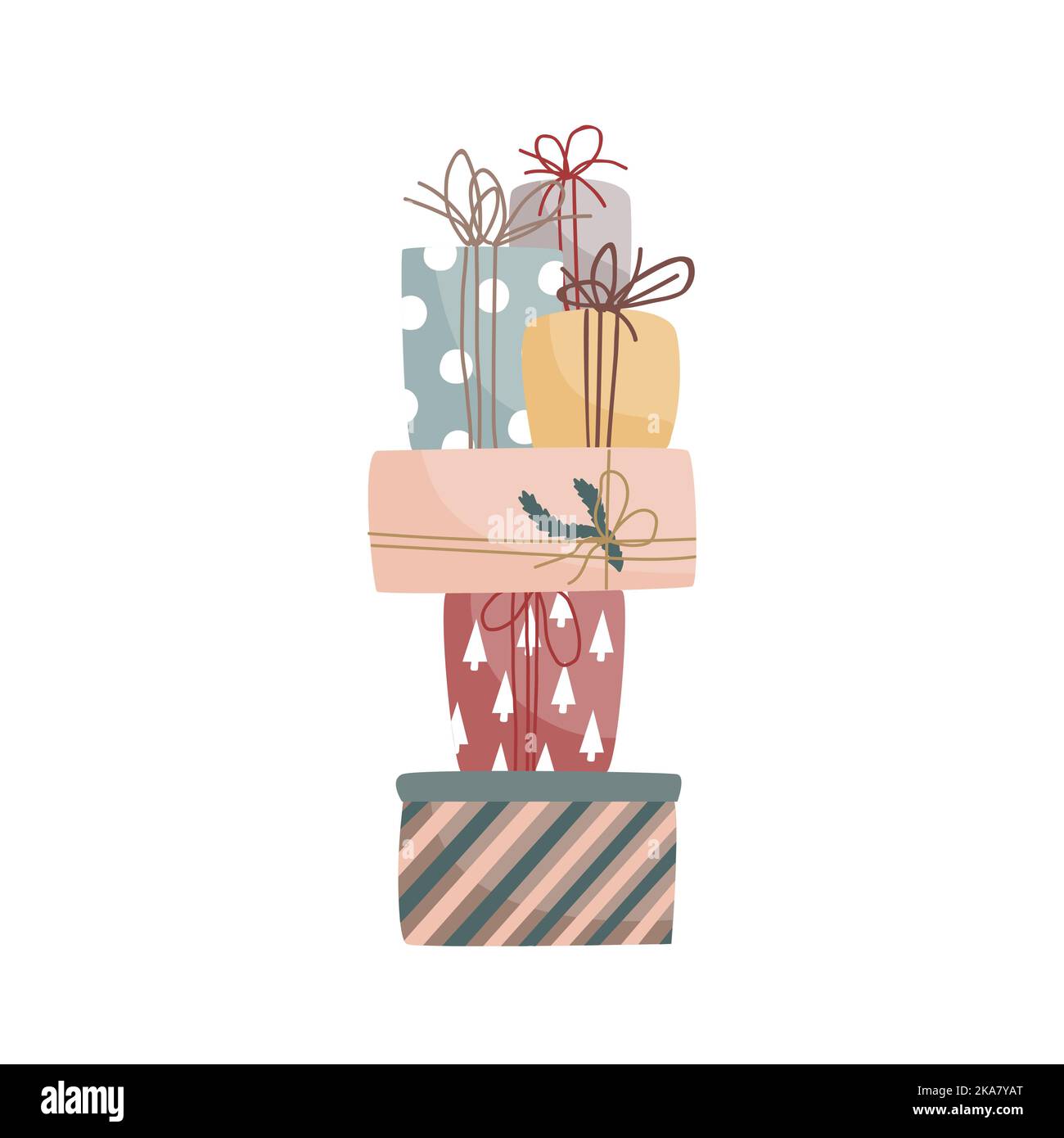 Hoher Stapel von Weihnachtsgeschenken in Pastellfarben. Modernes Plakat, Broschüre, Wandkunst-Design für die Wintersaison. Weihnachtskarte. Vektorgrafik Stock Vektor