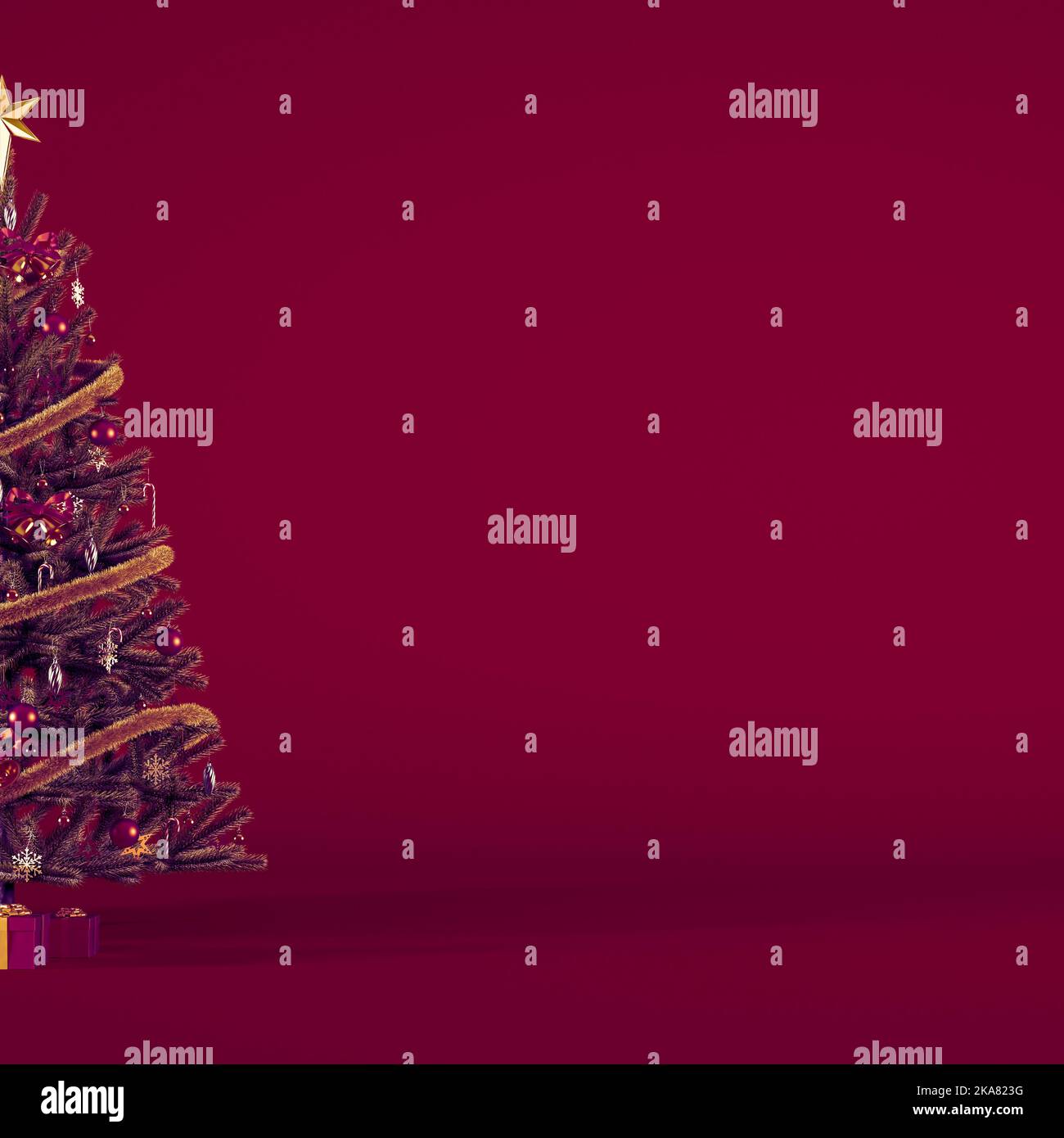 Weihnachtsbaum Nahaufnahme mit Geschenk-Boxen auf burgunderroten quadratischen Hintergrund mit Kopierer Platz. Stockfoto