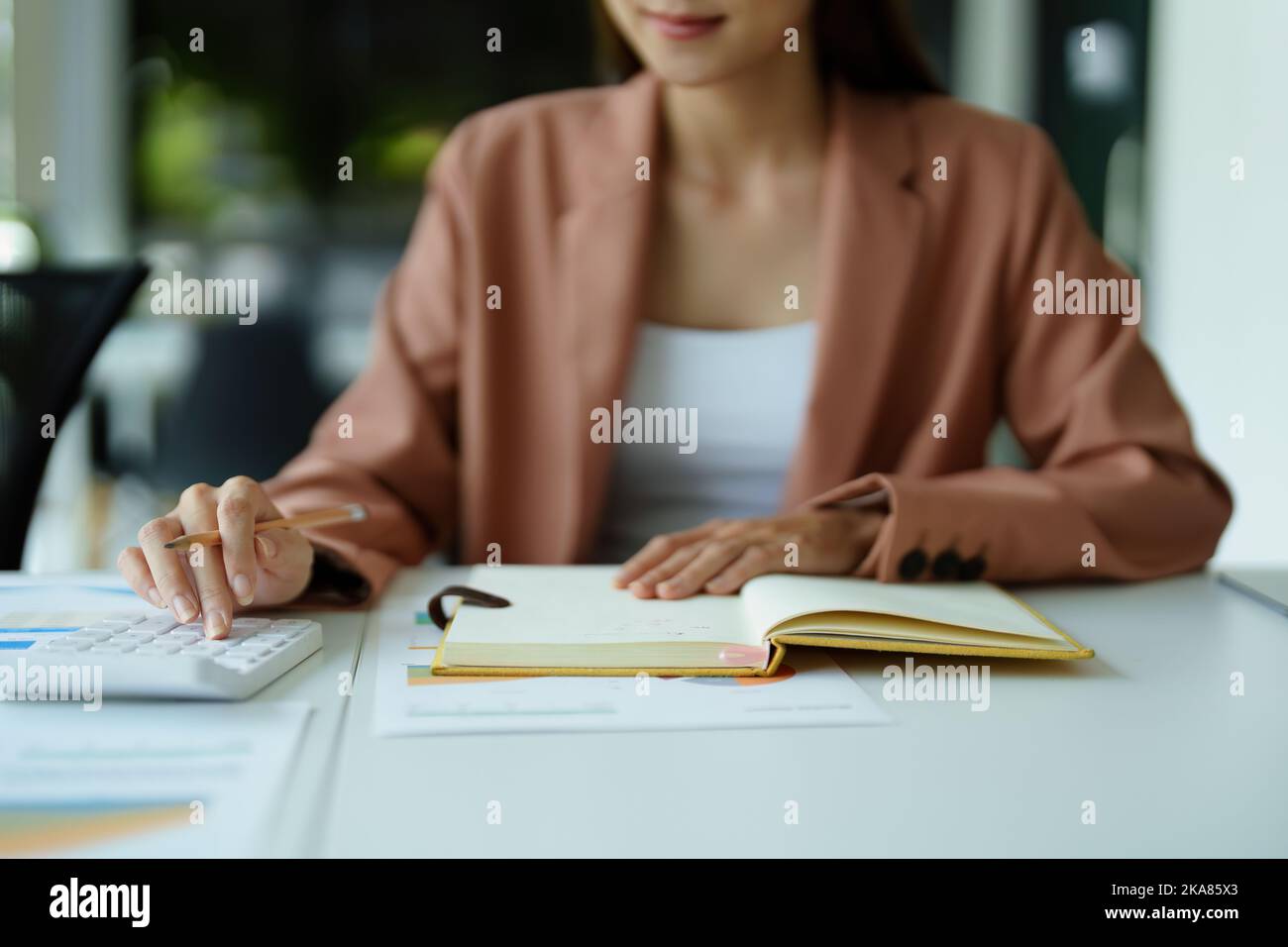 Buchhalter mit einem Rechner zur Berechnung von Finanzdokumenten. Stockfoto