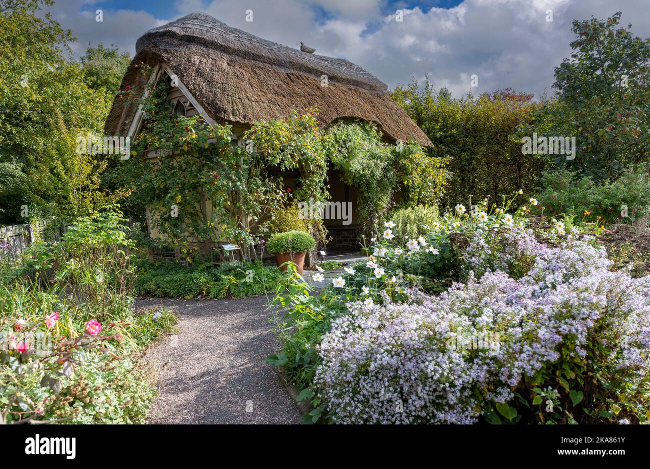 Strohgedecktes Summerhouse im Cottage Garden, RHS Garden Rosemoor, Torrington, Devon, England, UK Stockfoto