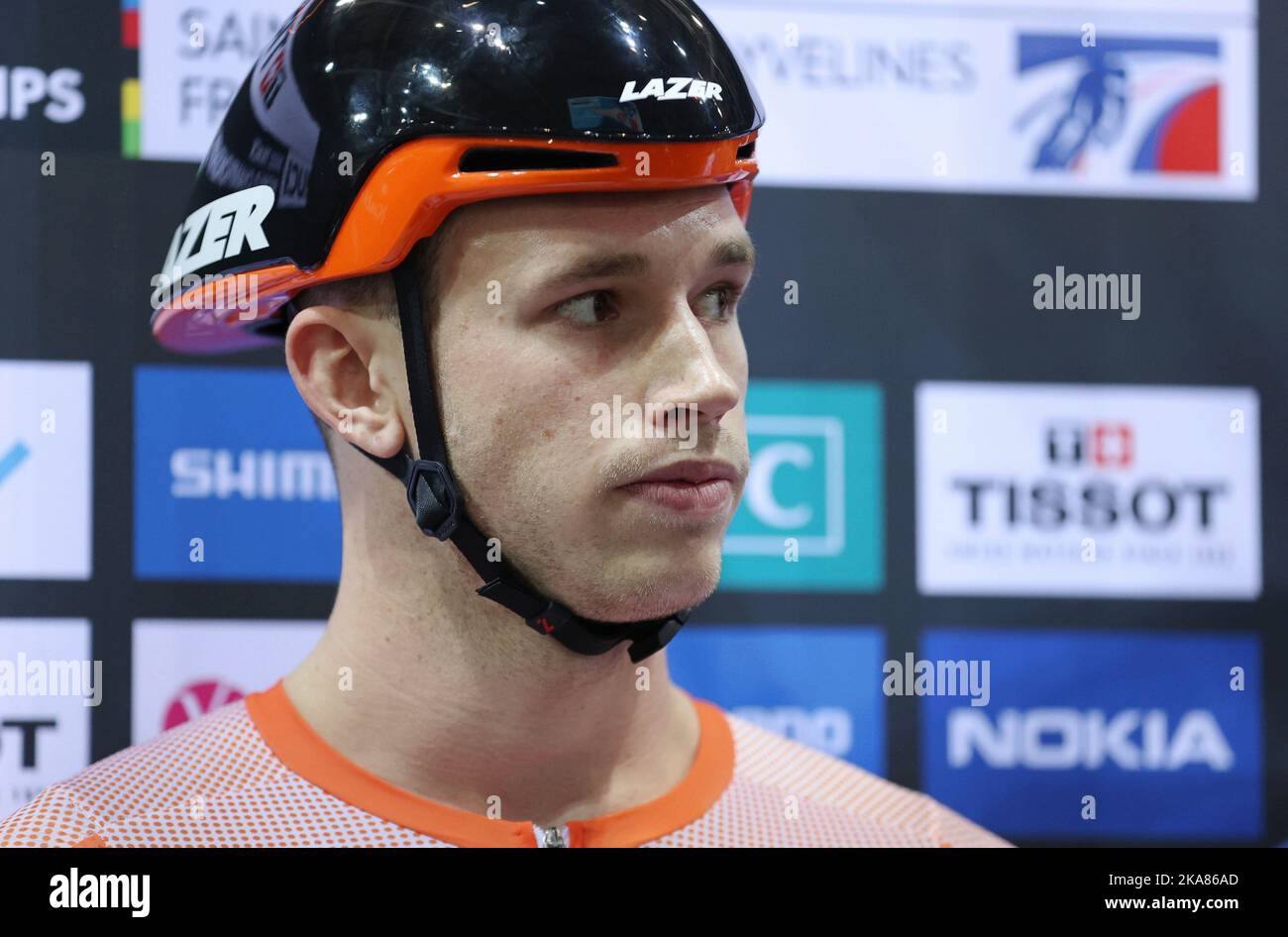 Harrie Lavreysen aus den Niederlanden bei den UCI-Bahn-Weltmeisterschaften 2022 in Saint-Quentin-en-Yvelines (Frankreich). Stockfoto
