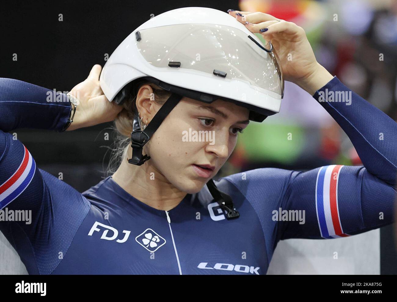 Mathilde Gros aus Frankreich bei den UCI-Bahn-Weltmeisterschaften 2022 in Saint-Quentin-en-Yvelines (Frankreich). Stockfoto