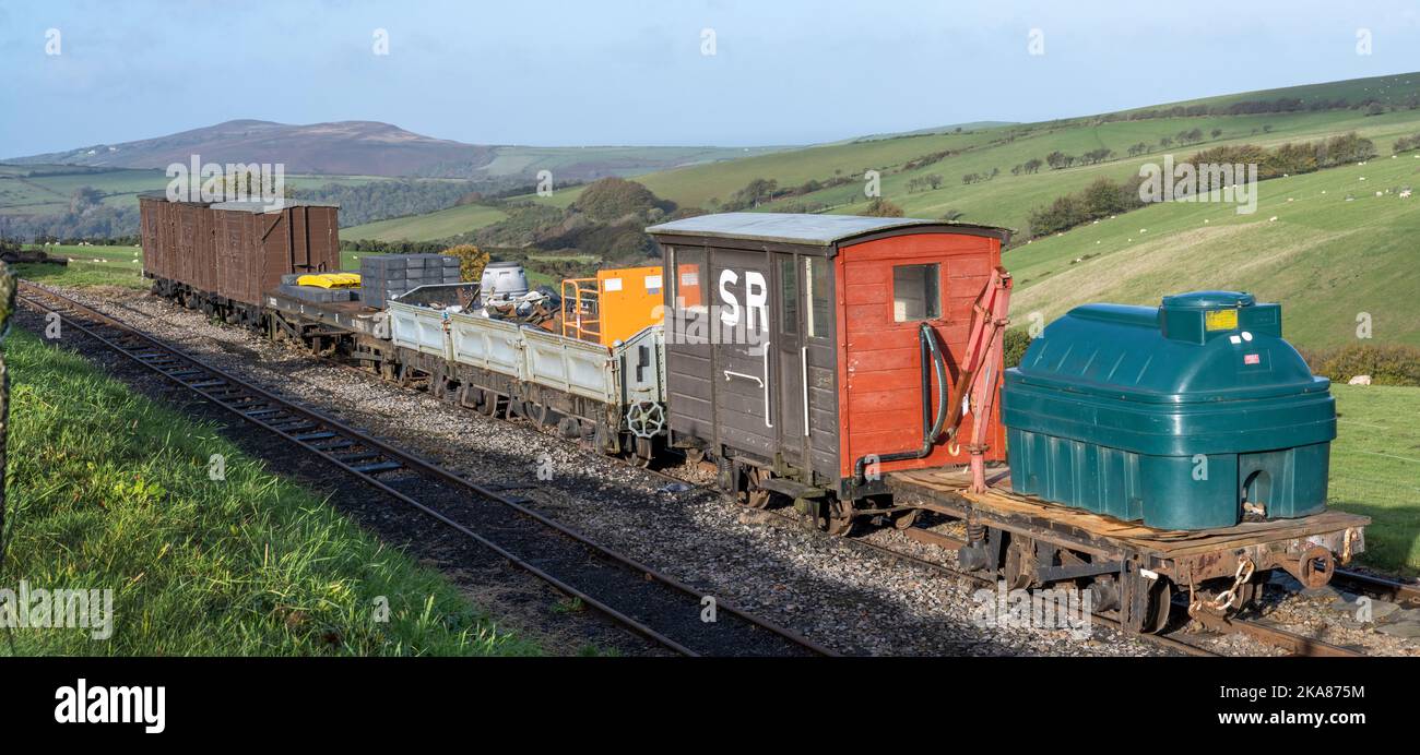 Rollendes Material an Woody Bay Station, The Lynton & Barnstaple Railway, Lynton, North Devon, England, Großbritannien Stockfoto