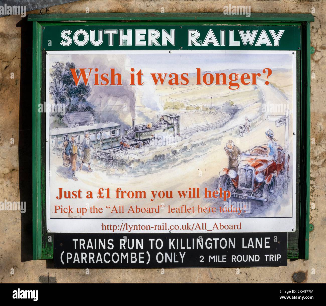 Ein Werbespot für Southern Railway in Woody Bay Station, The Lynton & Barnstaple Railway, Lynton, North Devon, England, Großbritannien Stockfoto