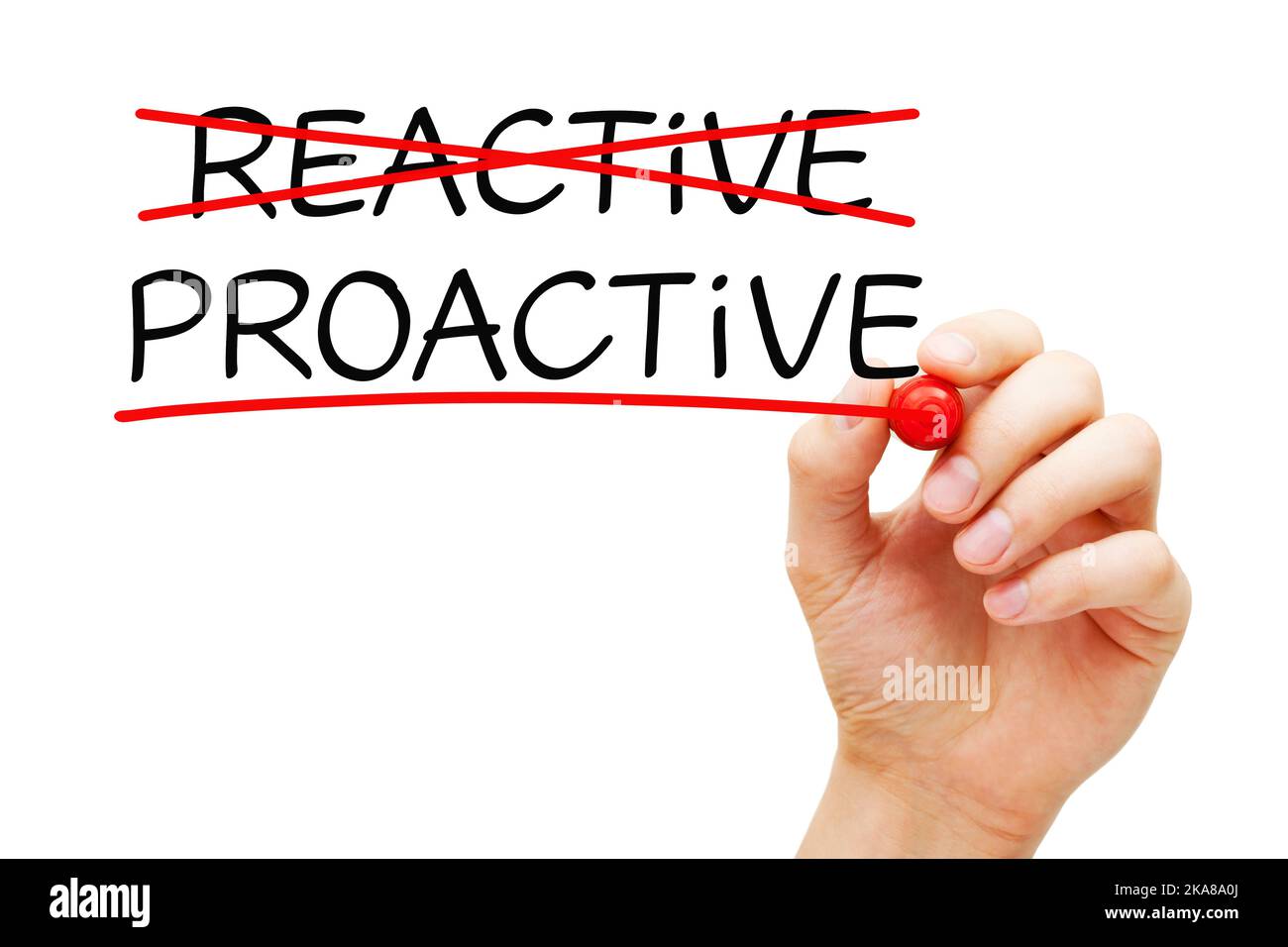 Proaktives vs. Reaktives Handschriftenkonzept über die Wichtigkeit, im Voraus zu handeln, um ein erwartetes Problem, eine Veränderung oder eine Schwierigkeit zu lösen. Stockfoto