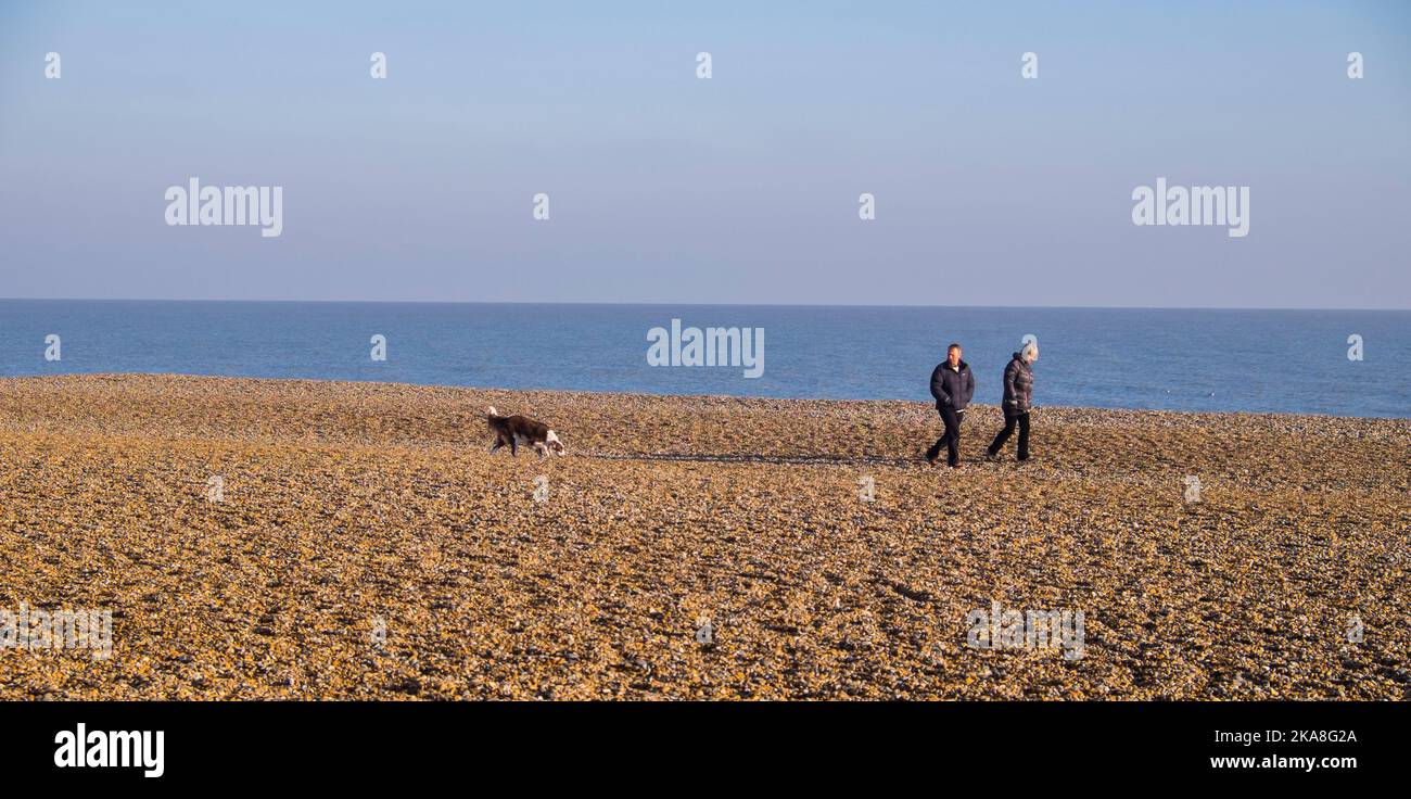 Pärchen mit Hund am Suffolk Strand. Stockfoto