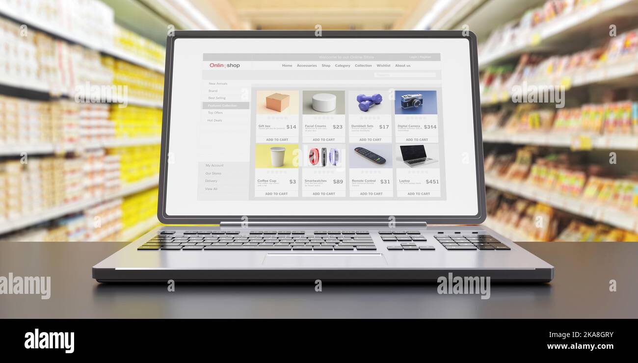 E-Shop, Online-Shopping. Online-Shop-Website auf einem Laptop-Bildschirm. E-Commerce, Bestellung und Lieferung. 3D Rendern Stockfoto