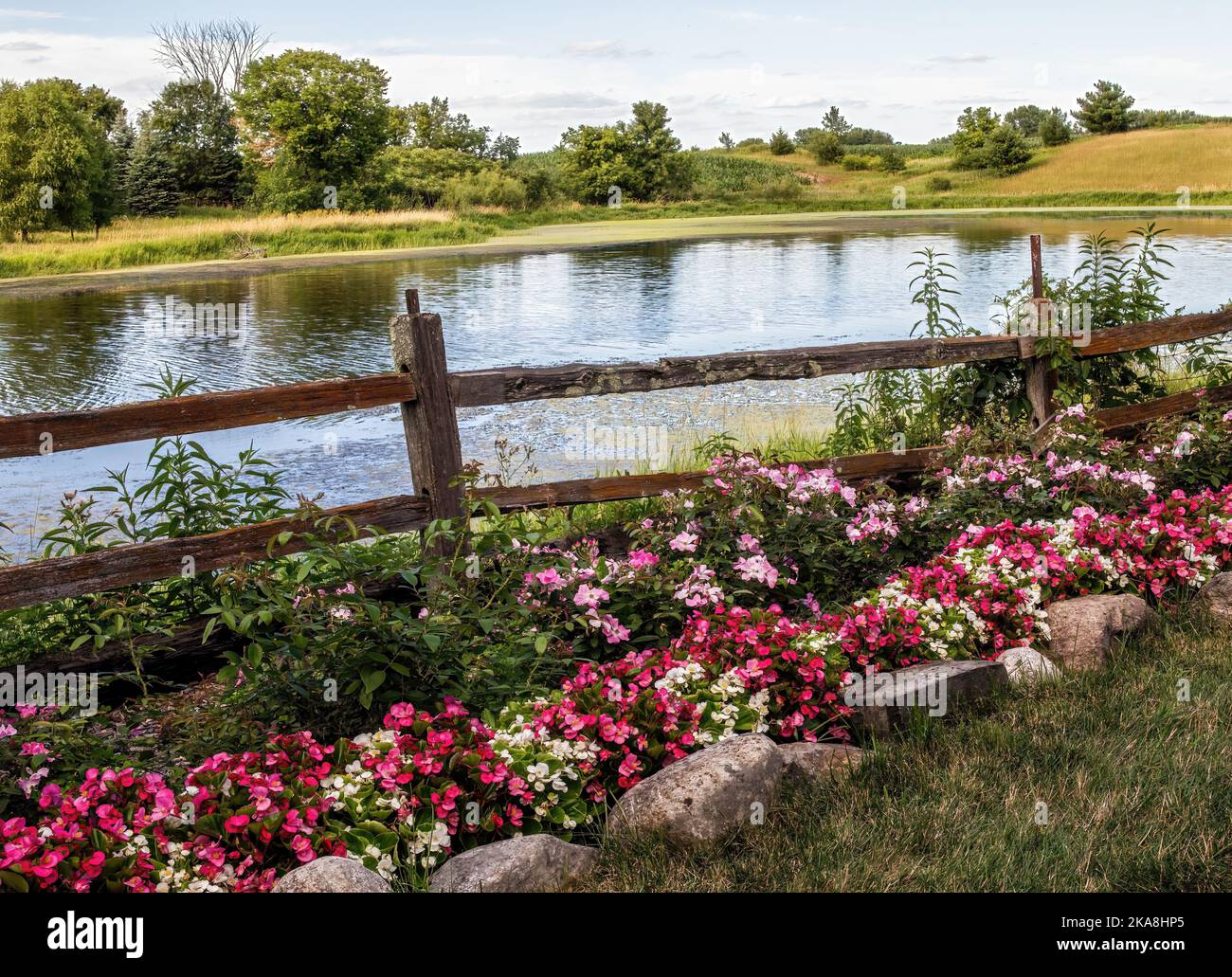 Wunderschöne Reihen von Begonien und Blumen säumen einen geteilten Geländerzaun, auf der anderen Seite befindet sich ein wunderschöner Teich in der Countyside in den Panola Gardens. Stockfoto