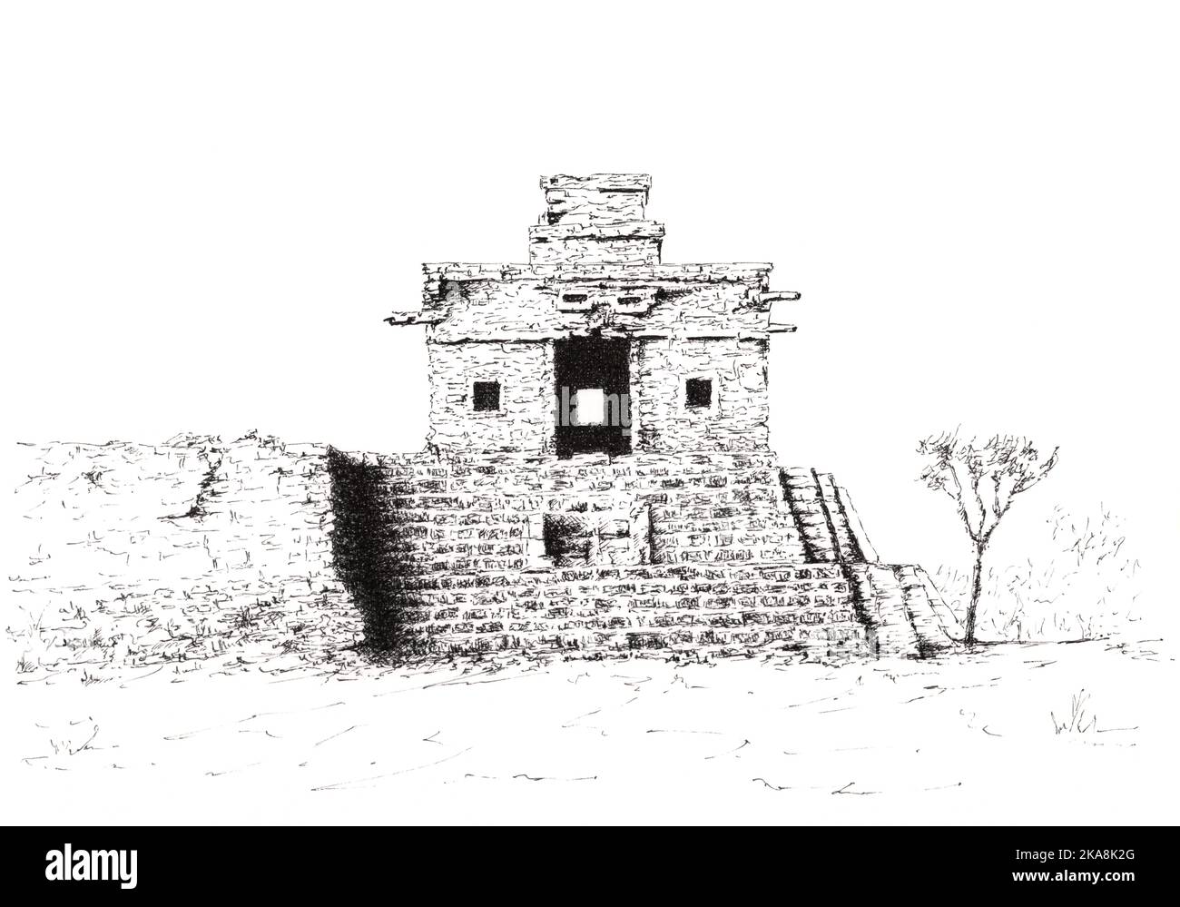 Mesoamerikaner alter Tempel. Tinte auf Papier. Stockfoto