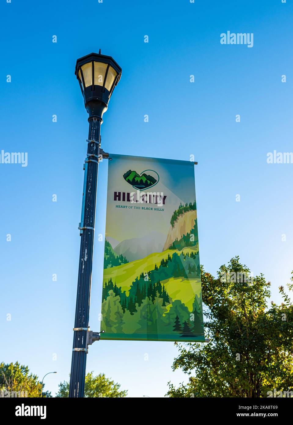 Lamp Post and Banner, Hill City, South Dakota, USA Stockfoto