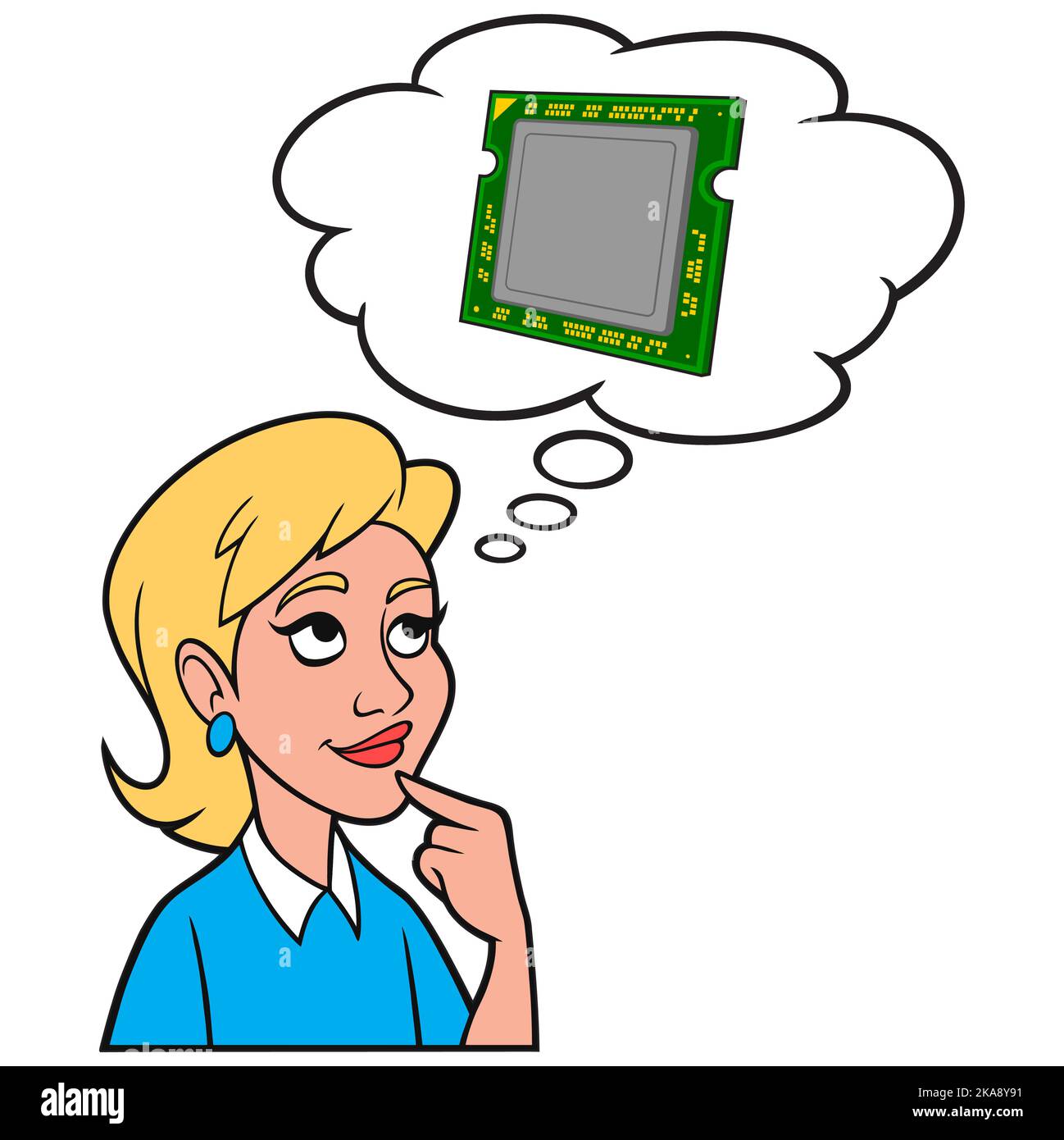 Mädchen, die an einen Computerprozessor denken – Eine Cartoon-Illustration eines Mädchens, das an die Leistung eines Computerprozessors denkt. Stock Vektor