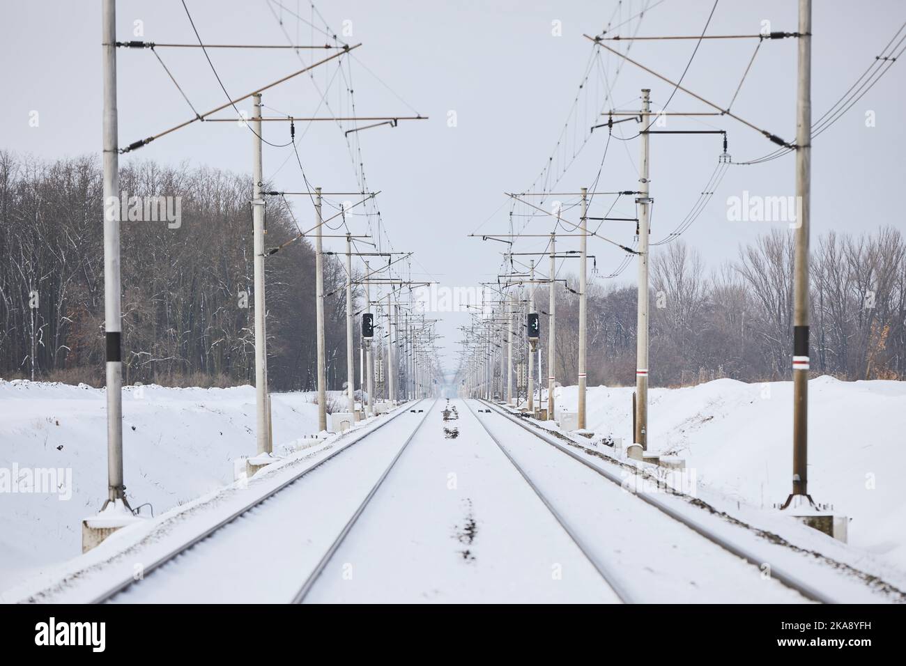 Verschneite Eisenbahn während des frostigen Wintertages. Abnehmende Perspektive von zwei leeren Eisenbahnschienen. Stockfoto