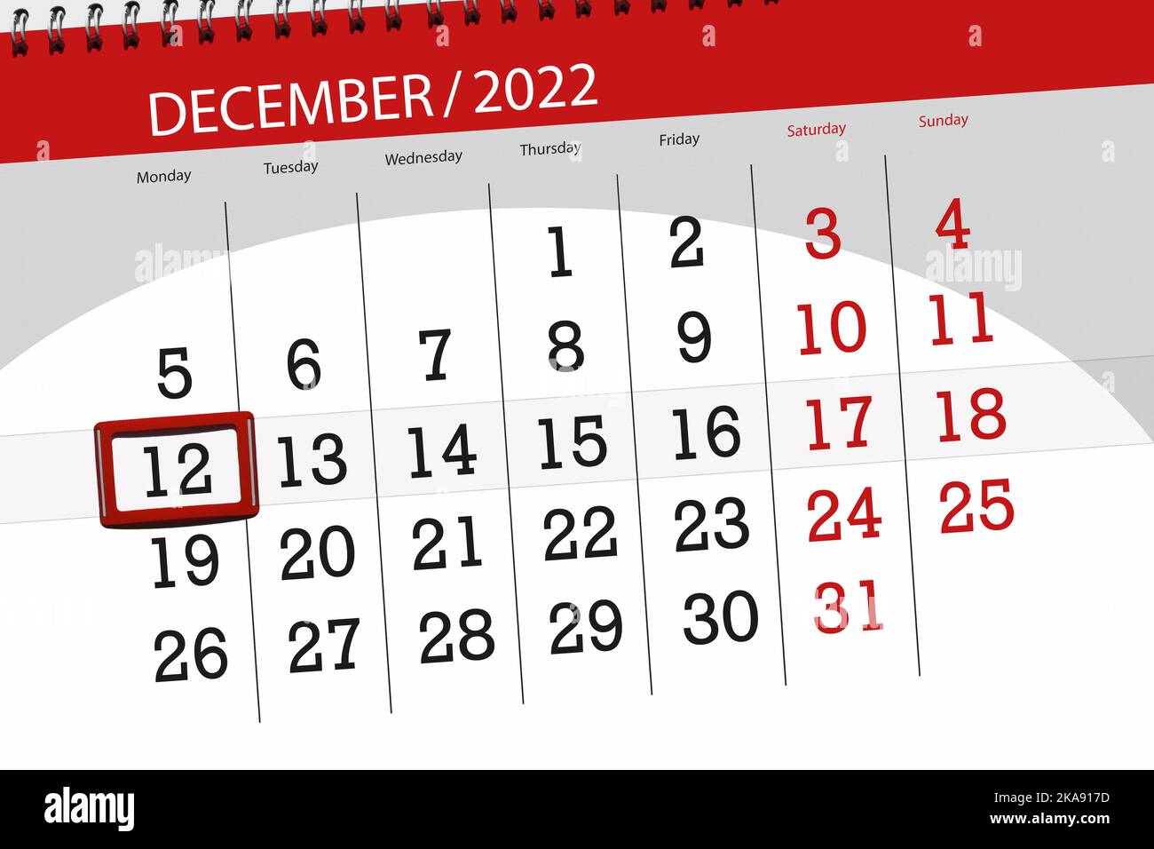 Kalender 2022, Termin, Tag, Monat, Seite, Veranstalter, Datum, dezember, montag, Nummer 12. Stockfoto