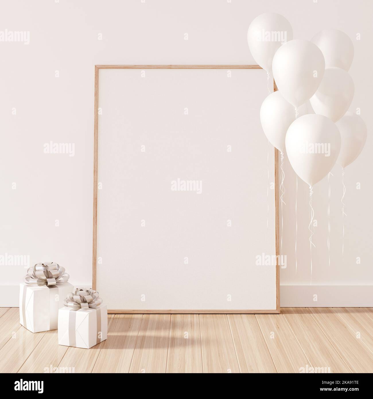 Imitierte Innenarchitektur mit leerem Poster. Feier- und Jubiläumskonzept mit Geschenken und Ballons 3D Render 3D Illustration Stockfoto