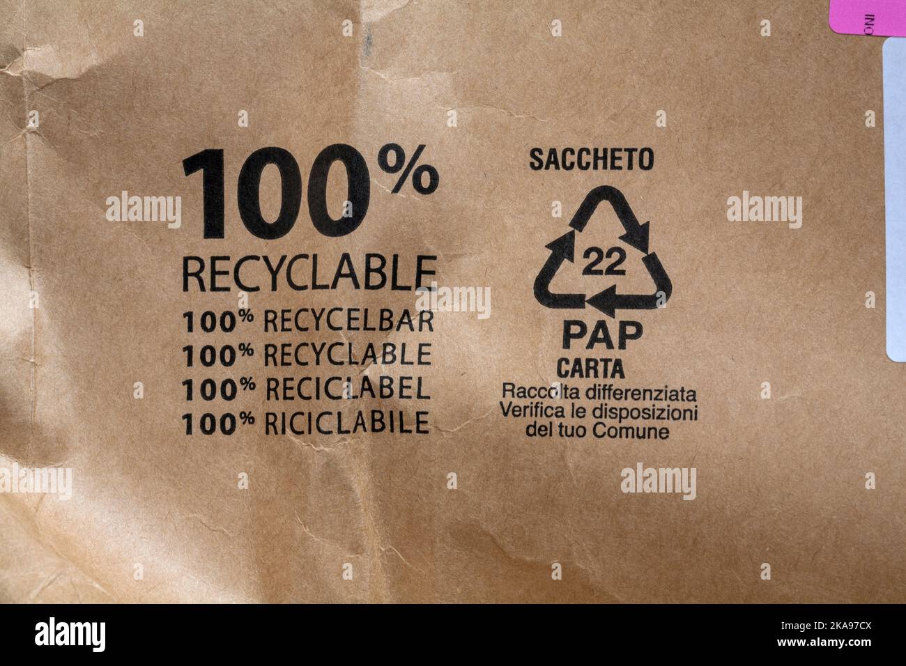 100 % recycelbar 22 PAP in verschiedenen Sprachen auf brauner Papiertüte von Amazon – Entsorgungslogo für Recycling Stockfoto