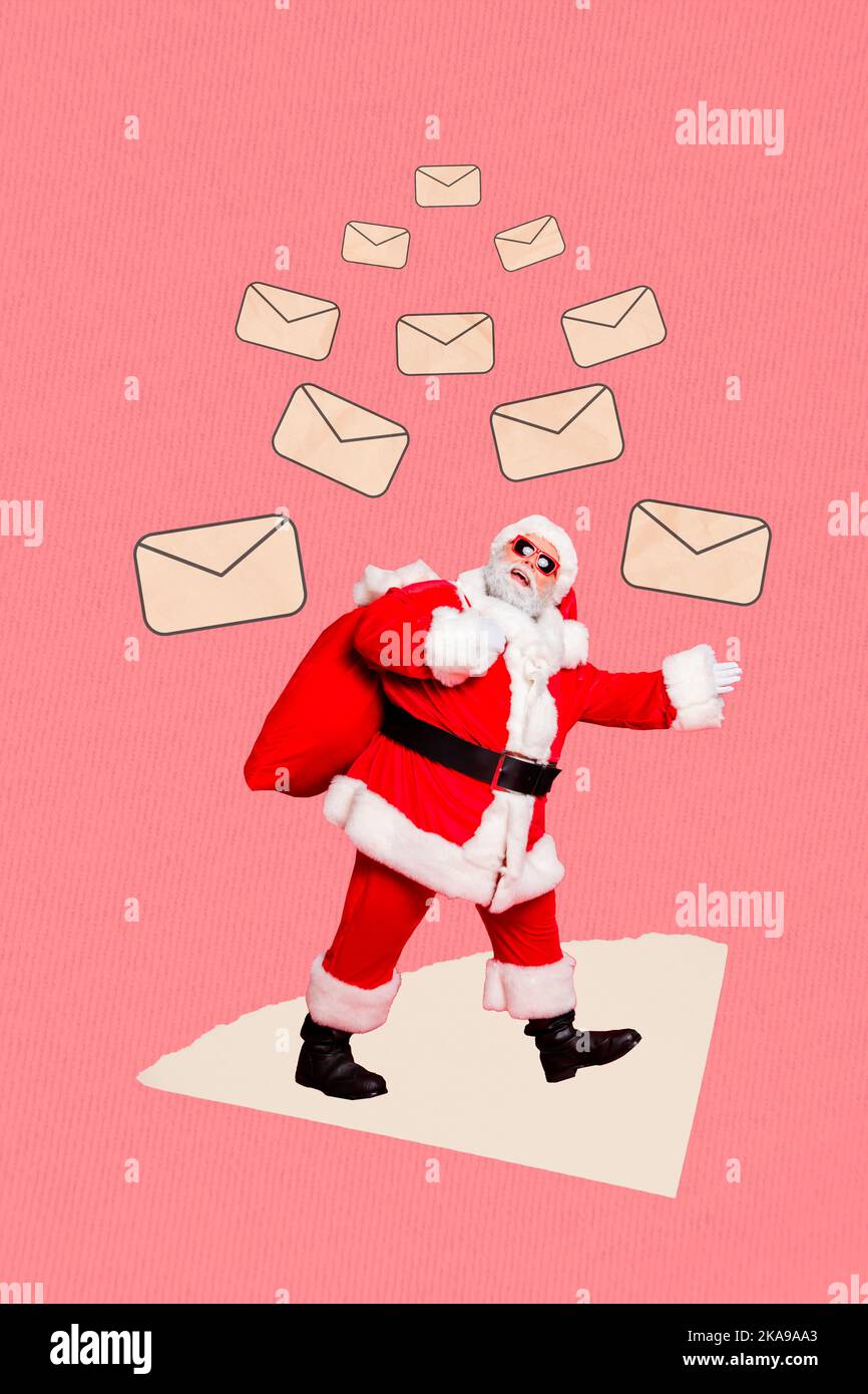 Poster Banner Collage von funky santa claus erhalten viele Briefe von Kindern Eltern beeilen sich geben Geschenke in der Tasche Stockfoto