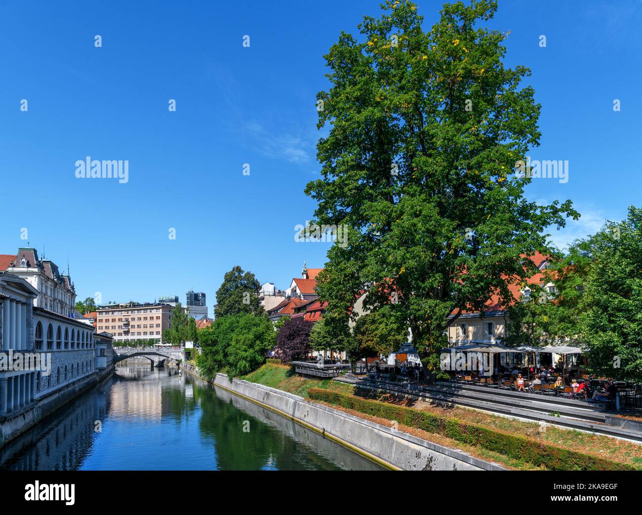 Der Fluss Ljubljanica von Mesarski am meisten in der Altstadt, Ljubljana, Slowenien Stockfoto