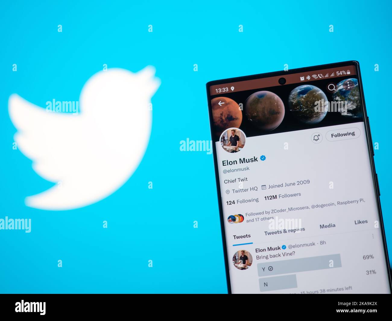 Galati, Rumänien - 31. Oktober 2022: Elon Musk verifizierte den twitter-Account über den hintergrund des twitter-Logos. Der neue Besitzer der Twitter Social Media pla Stockfoto