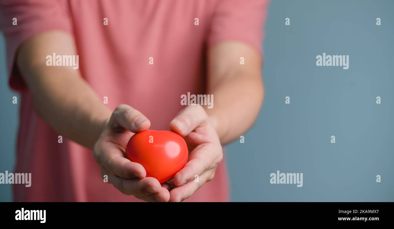 Hände halten und geben rotes Herz für die Liebe, Gesundheit, Organspende, Welt Herz Tag, Welt Gesundheit Tag, Achtsamkeit, Wohlbefinden, Familienversicherung Stockfoto